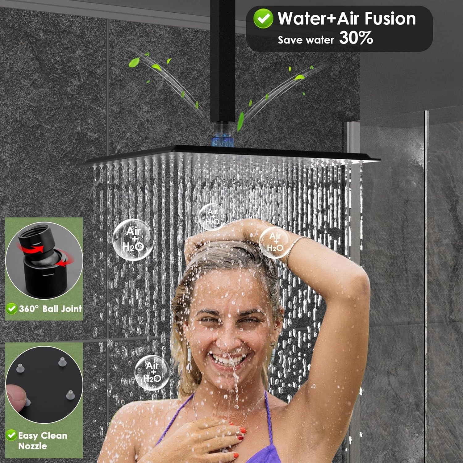 Enga Dual Shower Head Shower System with Body Jets, 12" Ceiling Mounted Rain Shower Head & 6" Wall Mounted Head Full Body Rainfall Shower Faucet with Valve Kit, Matte Black