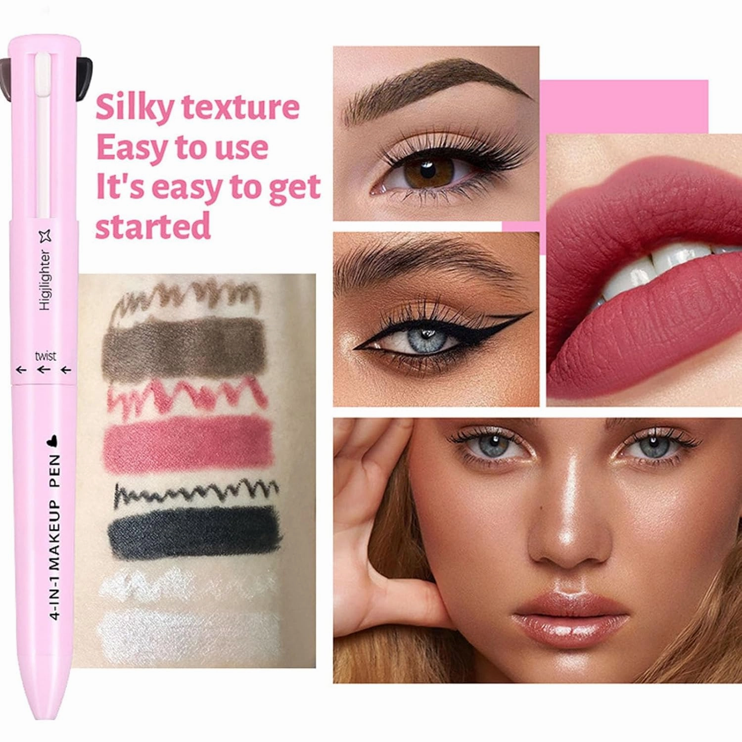 Eternaljoymart Eyebrow Pen, Eternaljoymart 4 in 1 Makeup Pen, 4 Color Multi Use Makeup Beauty Pens - Eyeliner, Lip Liner, Brow Pencil and Highlighter, Waterproof, Long Lasting (#2)