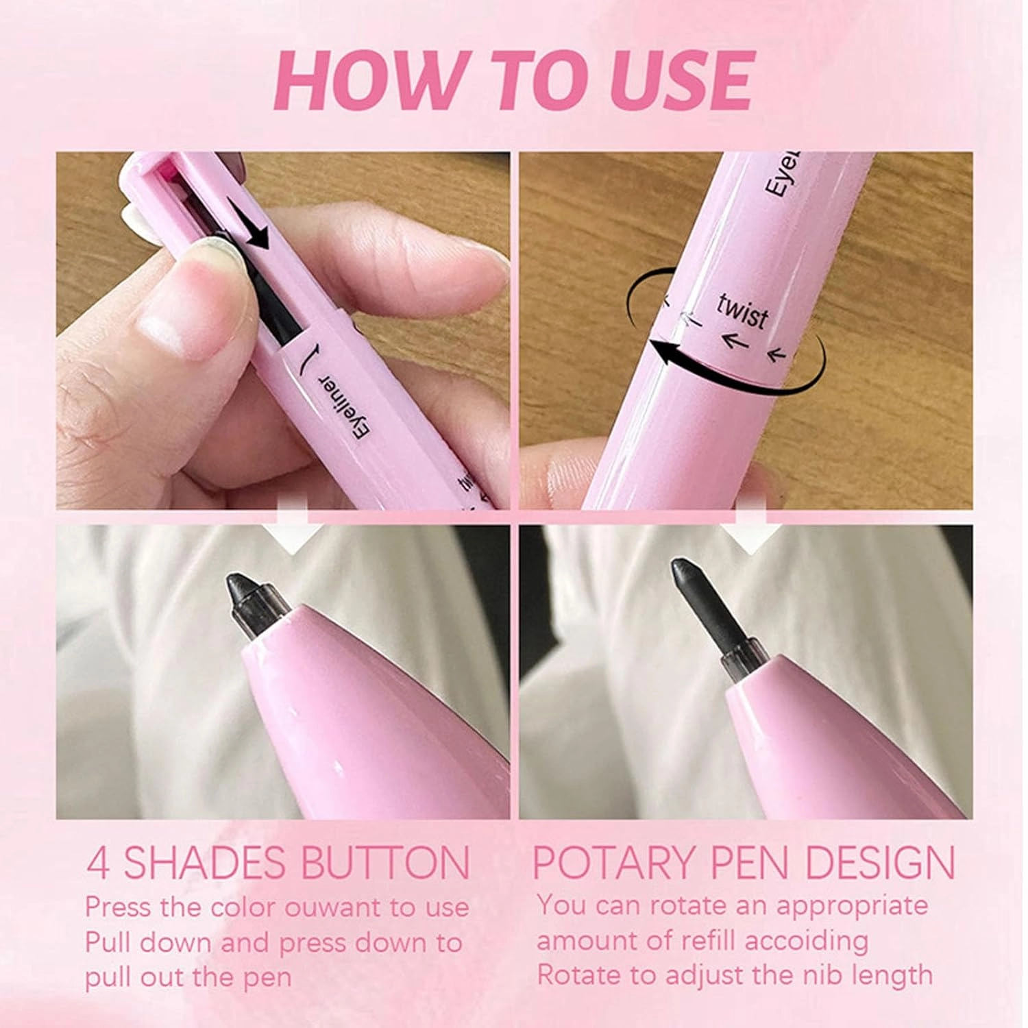 Eternaljoymart Eyebrow Pen, Eternaljoymart 4 in 1 Makeup Pen, 4 Color Multi Use Makeup Beauty Pens - Eyeliner, Lip Liner, Brow Pencil and Highlighter, Waterproof, Long Lasting (#2)