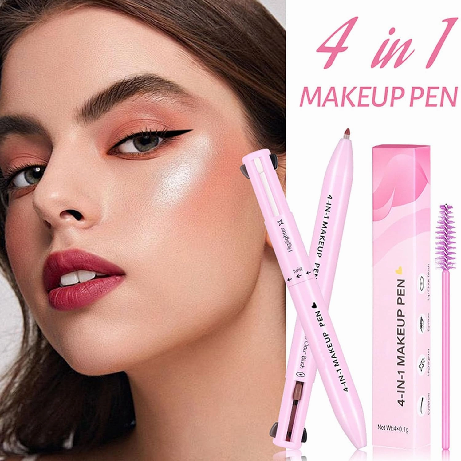 Eternaljoymart Eyebrow Pen, Eternaljoymart 4 in 1 Makeup Pen, 4 Color Multi Use Makeup Beauty Pens - Eyeliner, Lip Liner, Brow Pencil and Highlighter, Waterproof, Long Lasting (#2)