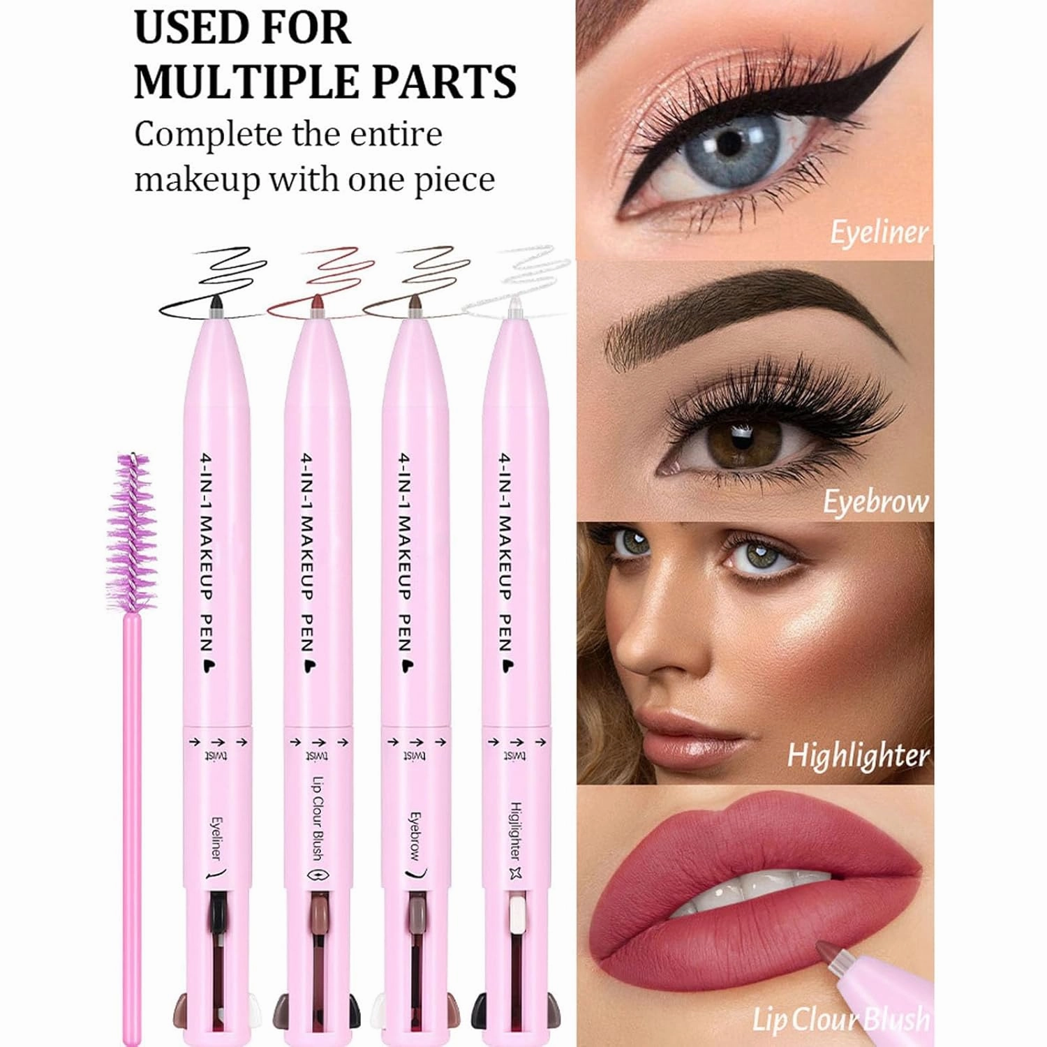 Eternaljoymart Eyebrow Pen, Eternaljoymart 4 in 1 Makeup Pen, 4 Color Multi Use Makeup Beauty Pens - Eyeliner, Lip Liner, Brow Pencil and Highlighter, Waterproof, Long Lasting (#2)