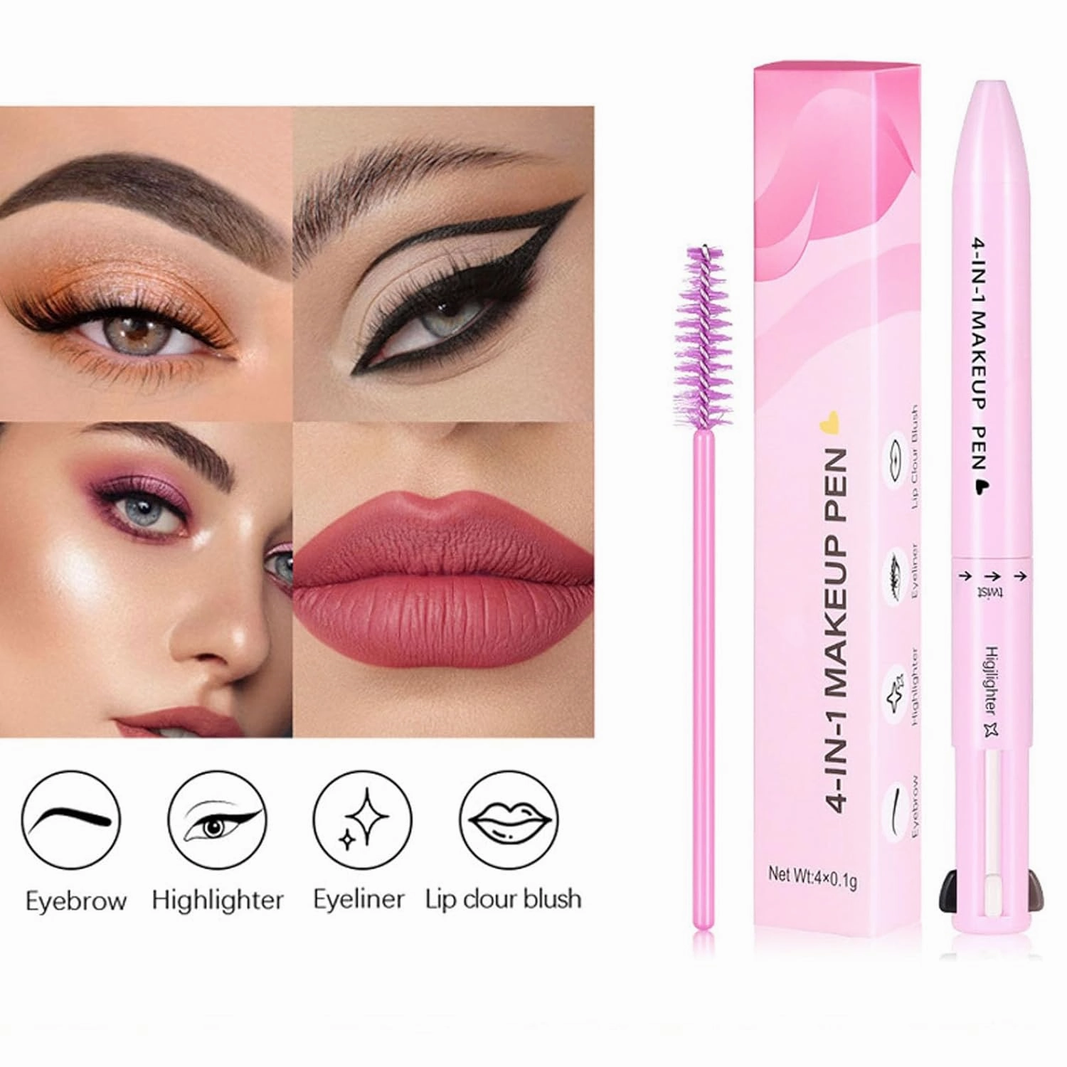 Eternaljoymart Eyebrow Pen, Eternaljoymart 4 in 1 Makeup Pen, 4 Color Multi Use Makeup Beauty Pens - Eyeliner, Lip Liner, Brow Pencil and Highlighter, Waterproof, Long Lasting (#2)