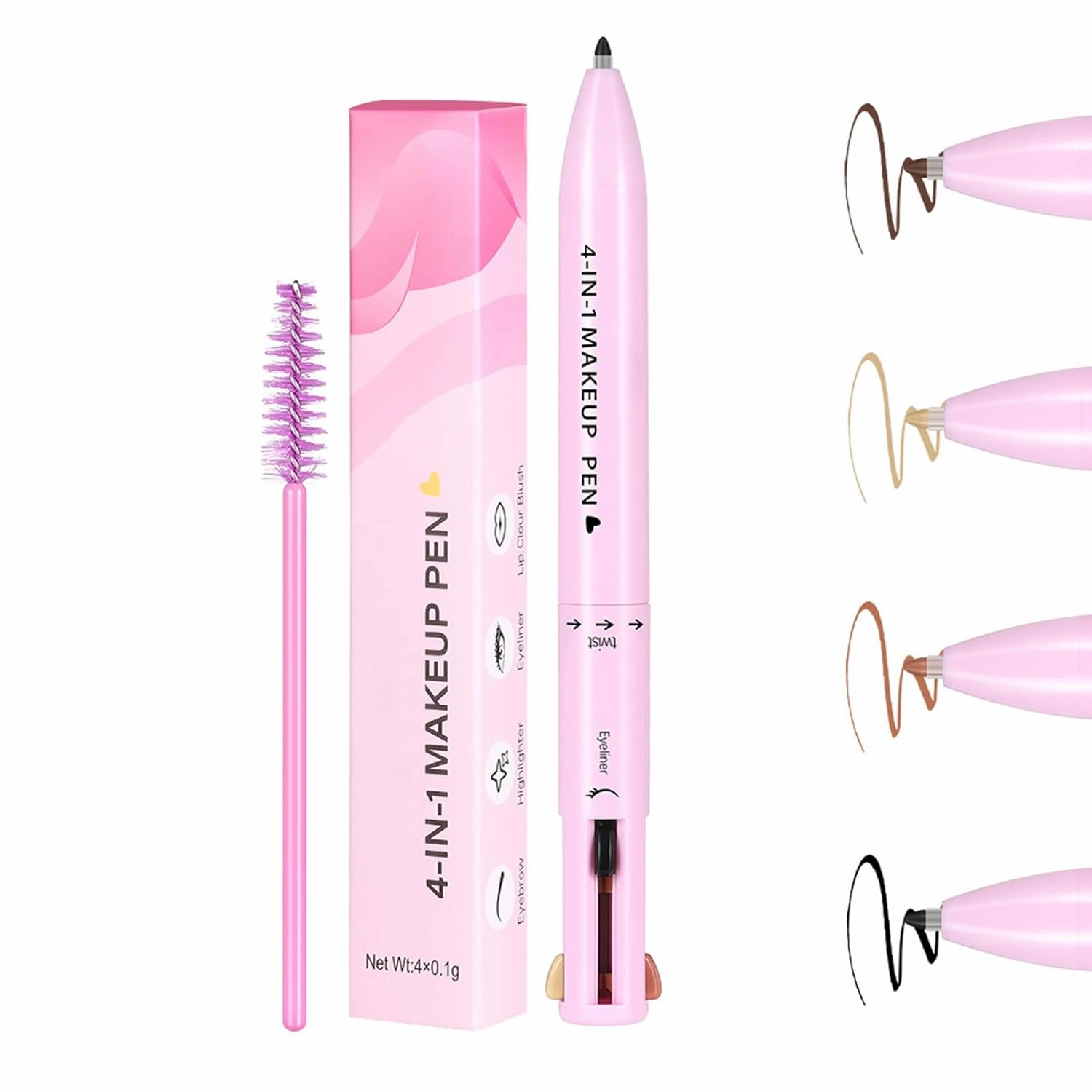 Eternaljoymart Eyebrow Pen, Eternaljoymart 4 in 1 Makeup Pen, 4 Color Multi Use Makeup Beauty Pens - Eyeliner, Lip Liner, Brow Pencil and Highlighter, Waterproof, Long Lasting (#2)