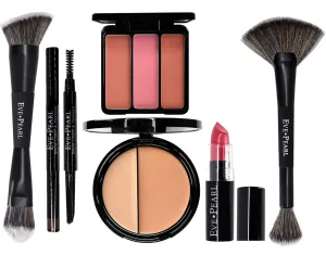 EVE PEARL 6 Pcs Beautiful Face Collection Foundation Blush Brow And Brushes All In One Set Essential Makeup Kit (Light)
