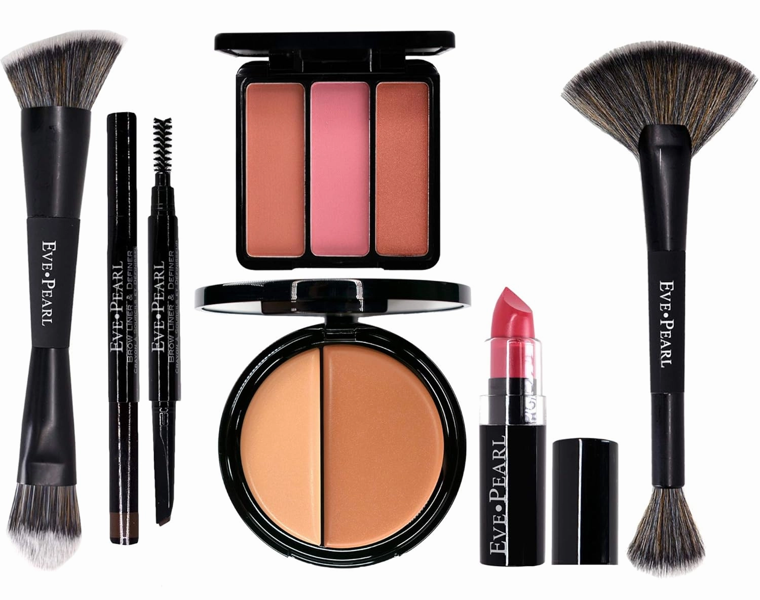 EVE PEARL 6 Pcs Beautiful Face Collection Foundation Blush Brow And Brushes All In One Set Essential Makeup Kit (Medium)