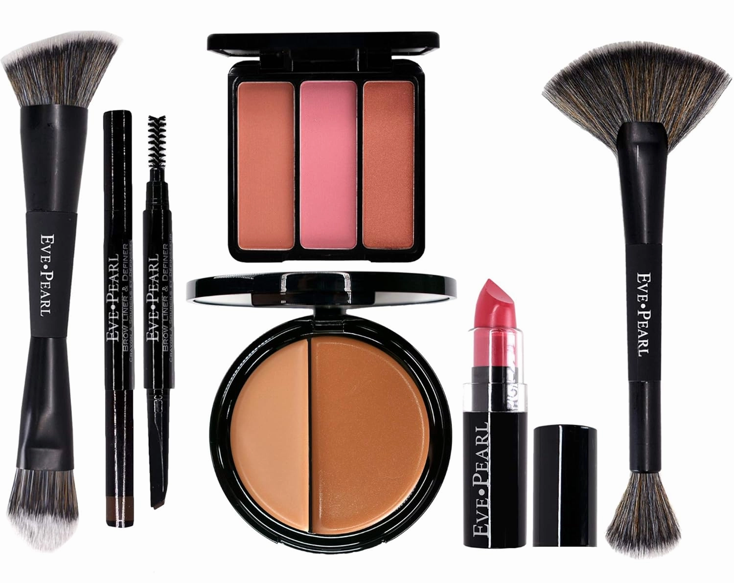 EVE PEARL 6 Pcs Beautiful Face Collection Foundation Blush Brow And Brushes All In One Set Essential Makeup Kit (Tan)