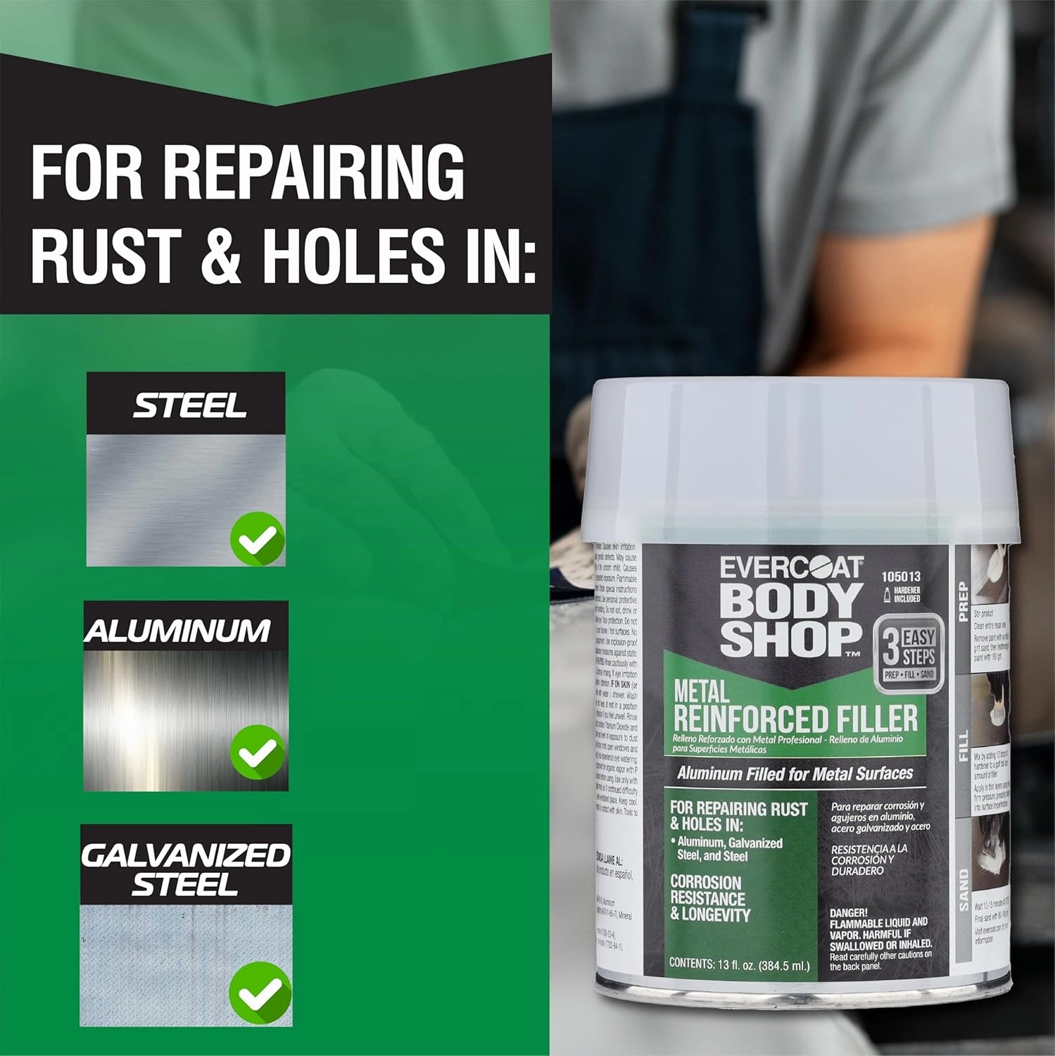 Evercoat Body Shop 105013 Metal Reinforced Filler for Repairing Rust and Holes in Aluminum & Galvanized Steel, Corrosion Resistance & Longevity, Easy Mix Hardener Included 13 Fl Oz.