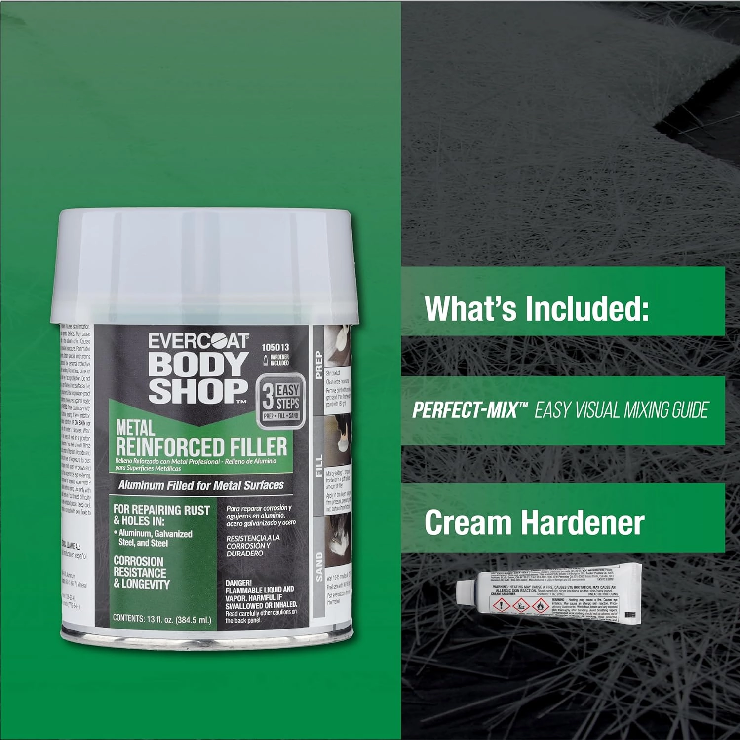 Evercoat Body Shop 105013 Metal Reinforced Filler for Repairing Rust and Holes in Aluminum & Galvanized Steel, Corrosion Resistance & Longevity, Easy Mix Hardener Included 13 Fl Oz.