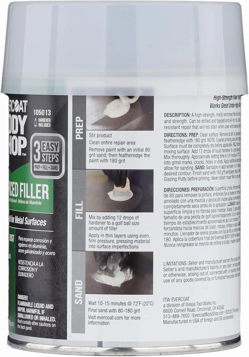 Evercoat Body Shop 105013 Metal Reinforced Filler for Repairing Rust and Holes in Aluminum & Galvanized Steel, Corrosion Resistance & Longevity, Easy Mix Hardener Included 13 Fl Oz.