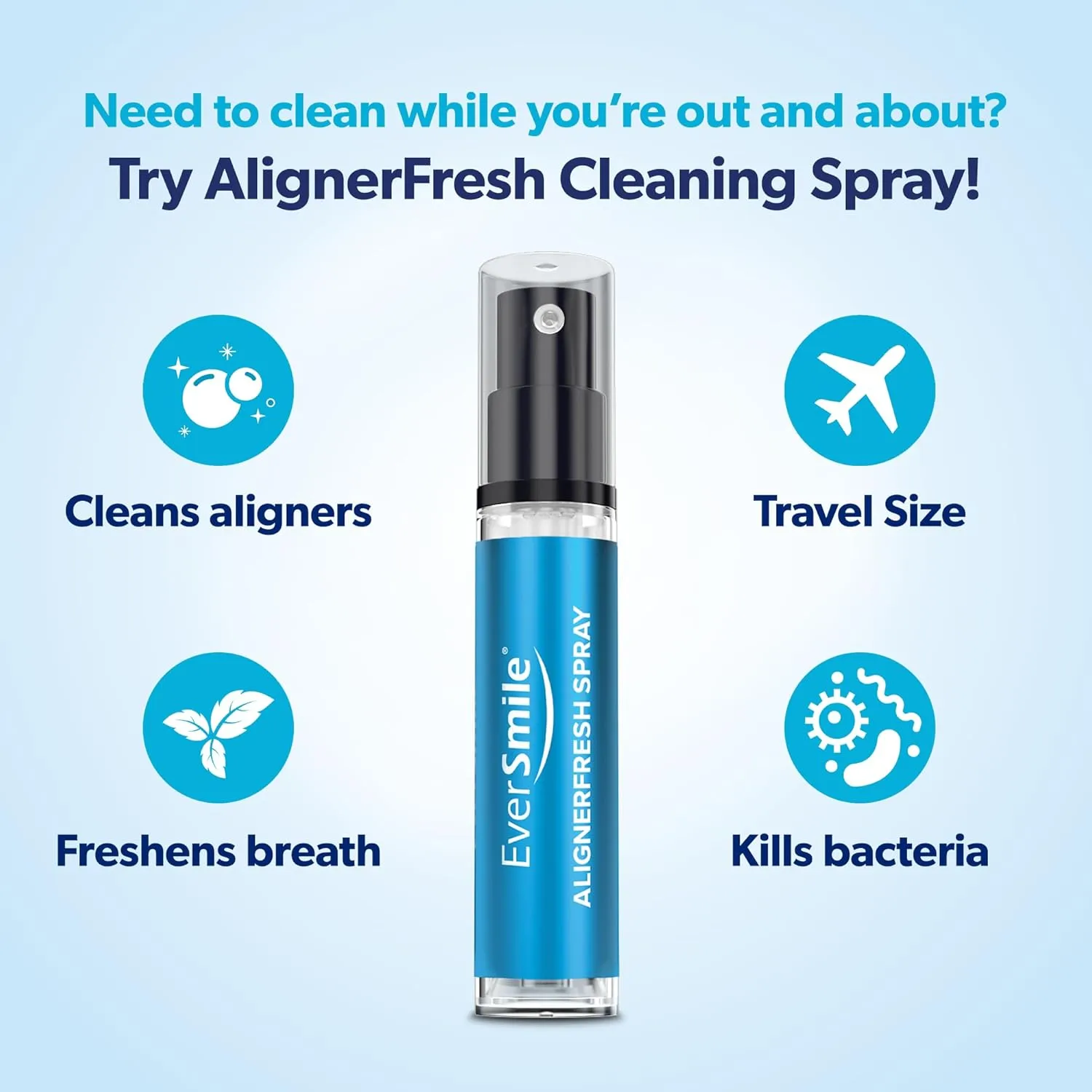EverSmile AlignerFresh Cleaning Spray for Invisalign and All Clear Aligners and Retainers – On-the-Go Cleaning & Teeth Whitening, Kills Bacteria, Fights Bad Breath – Mint Flavor, 10ml (6 Pack)