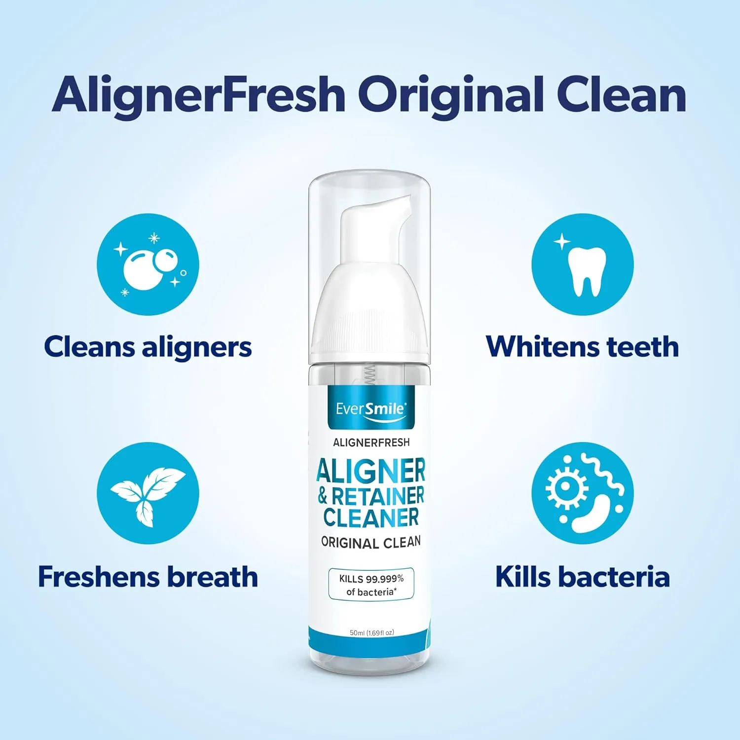 EverSmile AlignerFresh Original Clean Foam – Cleaner Compatible w/Invisalign and All Clear Aligners & Retainers – Eliminates Bacteria, Whitens Teeth, Fights Bad Breath – 50ml (1 Pack)