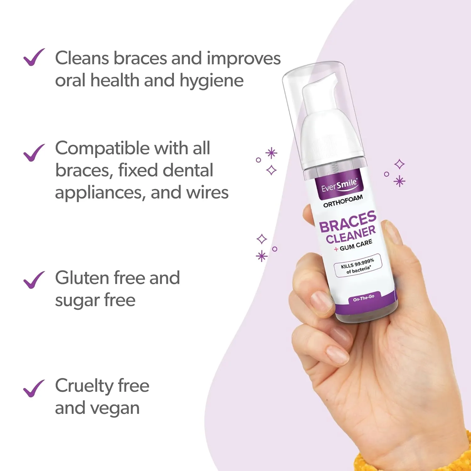 EverSmile OrthoFoam Braces Cleaner — Travel Size – Brushable Foam Whitens Teeth, Eliminates Bacteria, Fights Plaque and Bad Breath – Cleans Under Metal, Ceramic, Clear Brackets and Wires – 25ml(4 Pk)