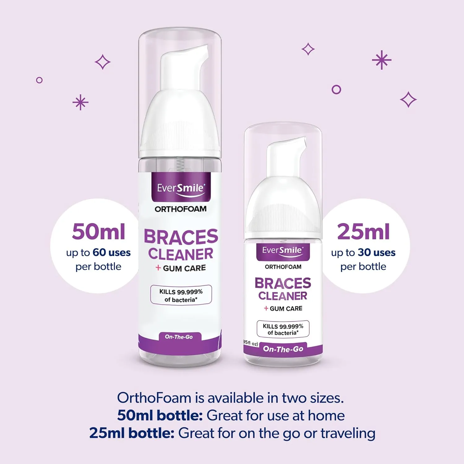 EverSmile OrthoFoam Braces Cleaner — Travel Size – Brushable Foam Whitens Teeth, Eliminates Bacteria, Fights Plaque and Bad Breath – Cleans Under Metal, Ceramic, Clear Brackets and Wires – 25ml(4 Pk)