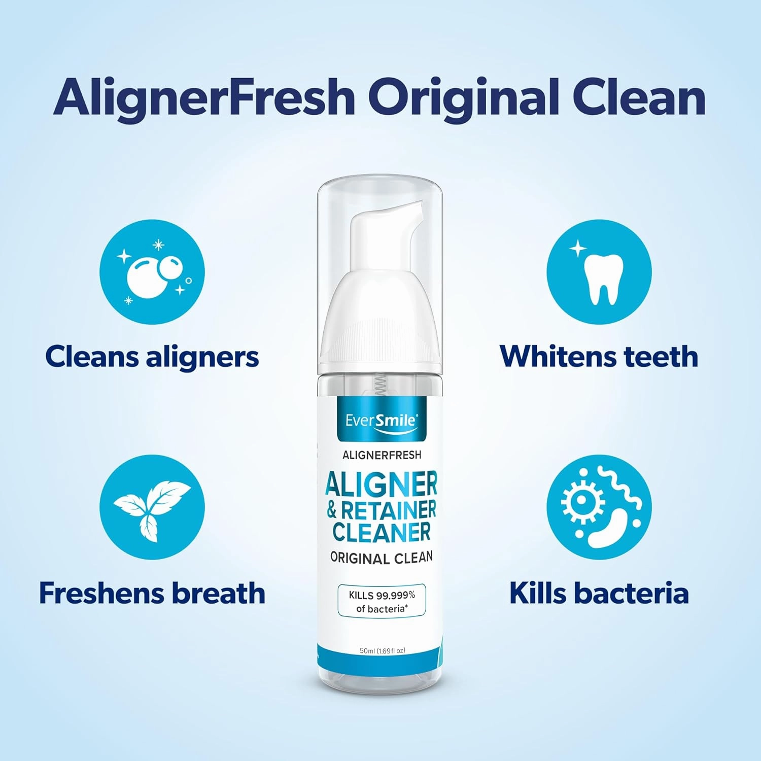 EverSmile AlignerFresh Original Clean Foam – Cleaner Compatible w/Invisalign and All Clear Aligners & Retainers – Eliminates Bacteria, Whitens Teeth, Fights Bad Breath – 25ml (4 Pack)