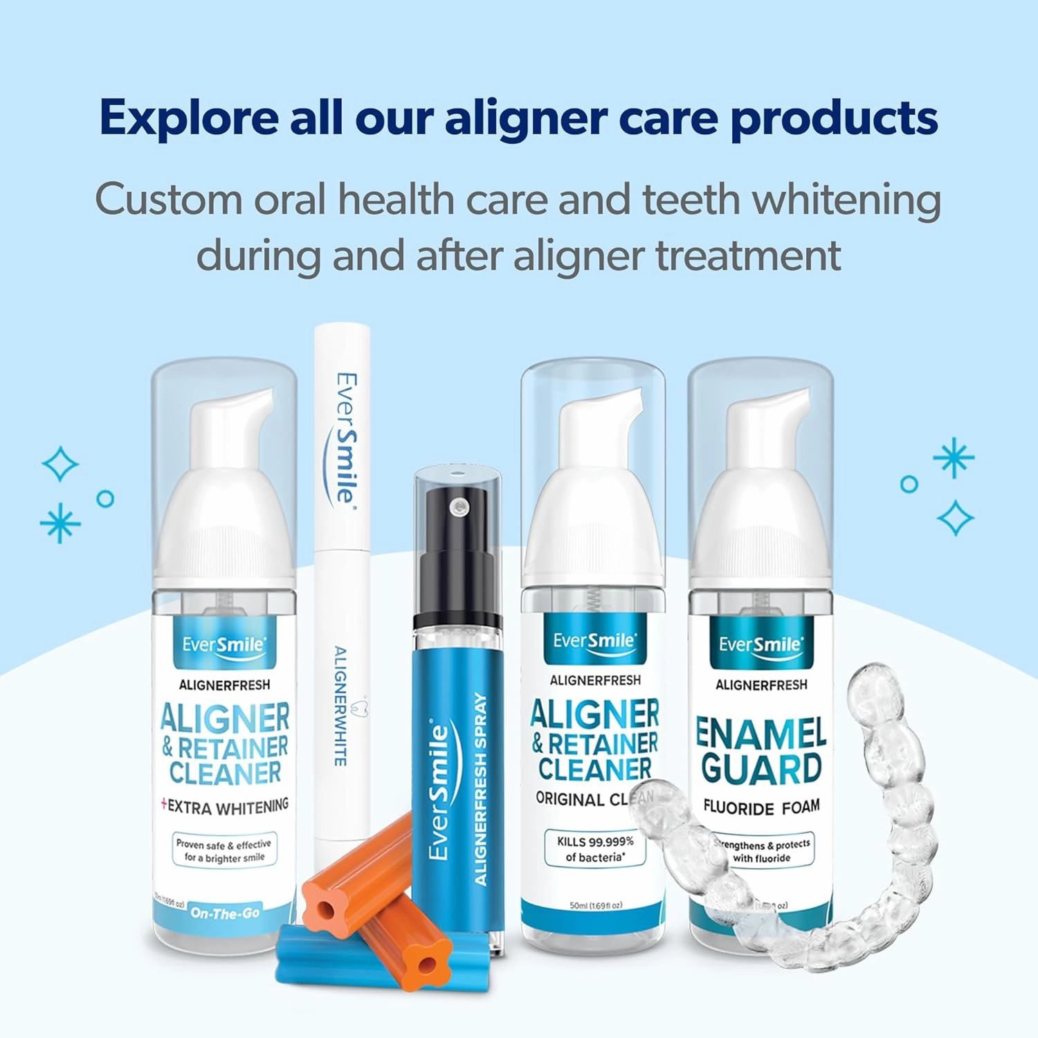 EverSmile AlignerFresh Original Clean Foam – Cleaner Compatible w/Invisalign and All Clear Aligners & Retainers – Eliminates Bacteria, Whitens Teeth, Fights Bad Breath – 25ml (4 Pack)