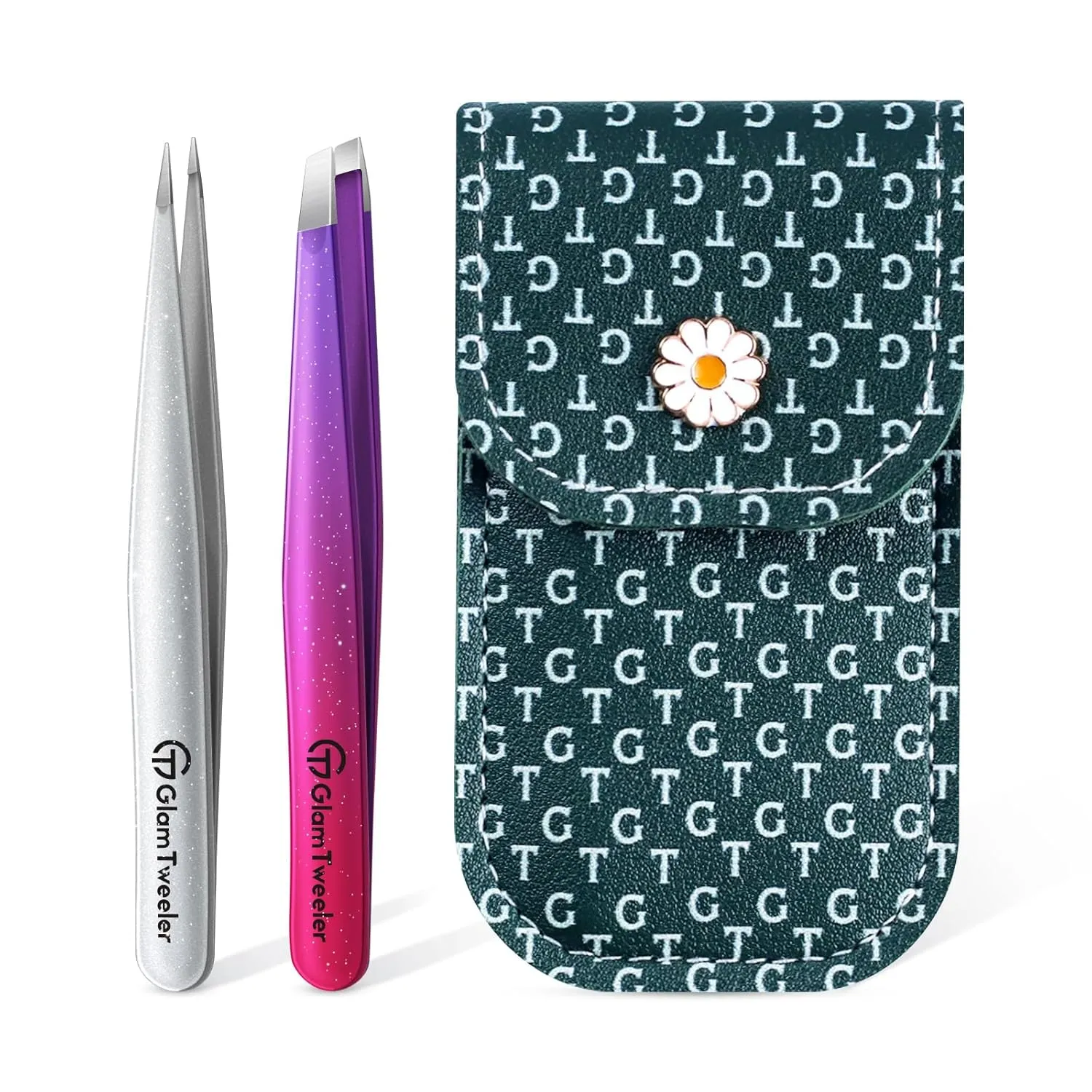 Expert Slant and Point Tip Tweezer Set with Exclusive Storage & Carrying Case, GlamTweeler Sharp & Precision Tweezer Set for Eyebrows, Facial Hairs & Fine Hairs Removal (Sparkle Deep Voilet   Silver)