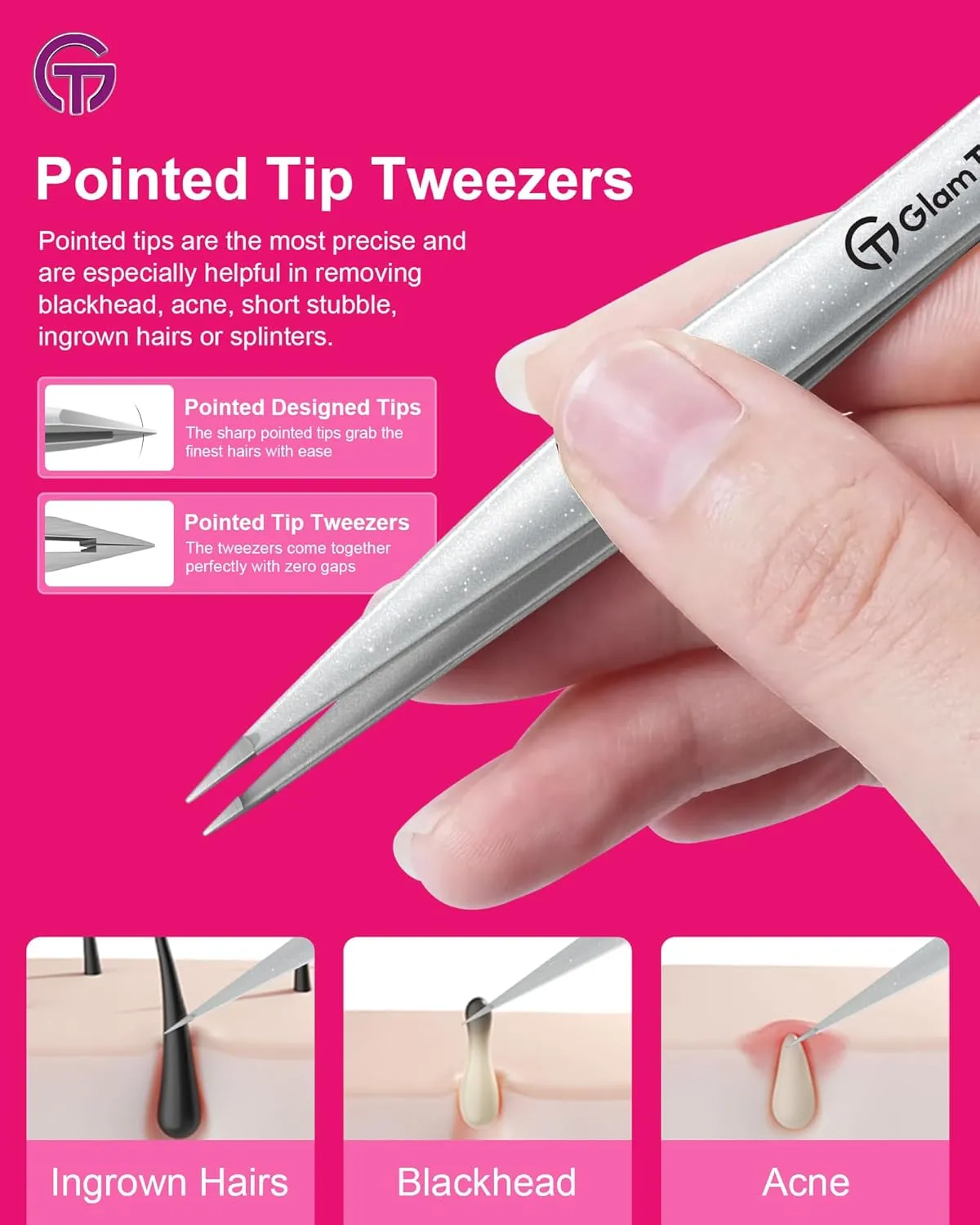 Expert Slant and Point Tip Tweezer Set with Exclusive Storage & Carrying Case, GlamTweeler Sharp & Precision Tweezer Set for Eyebrows, Facial Hairs & Fine Hairs Removal (Sparkle Deep Voilet   Silver)