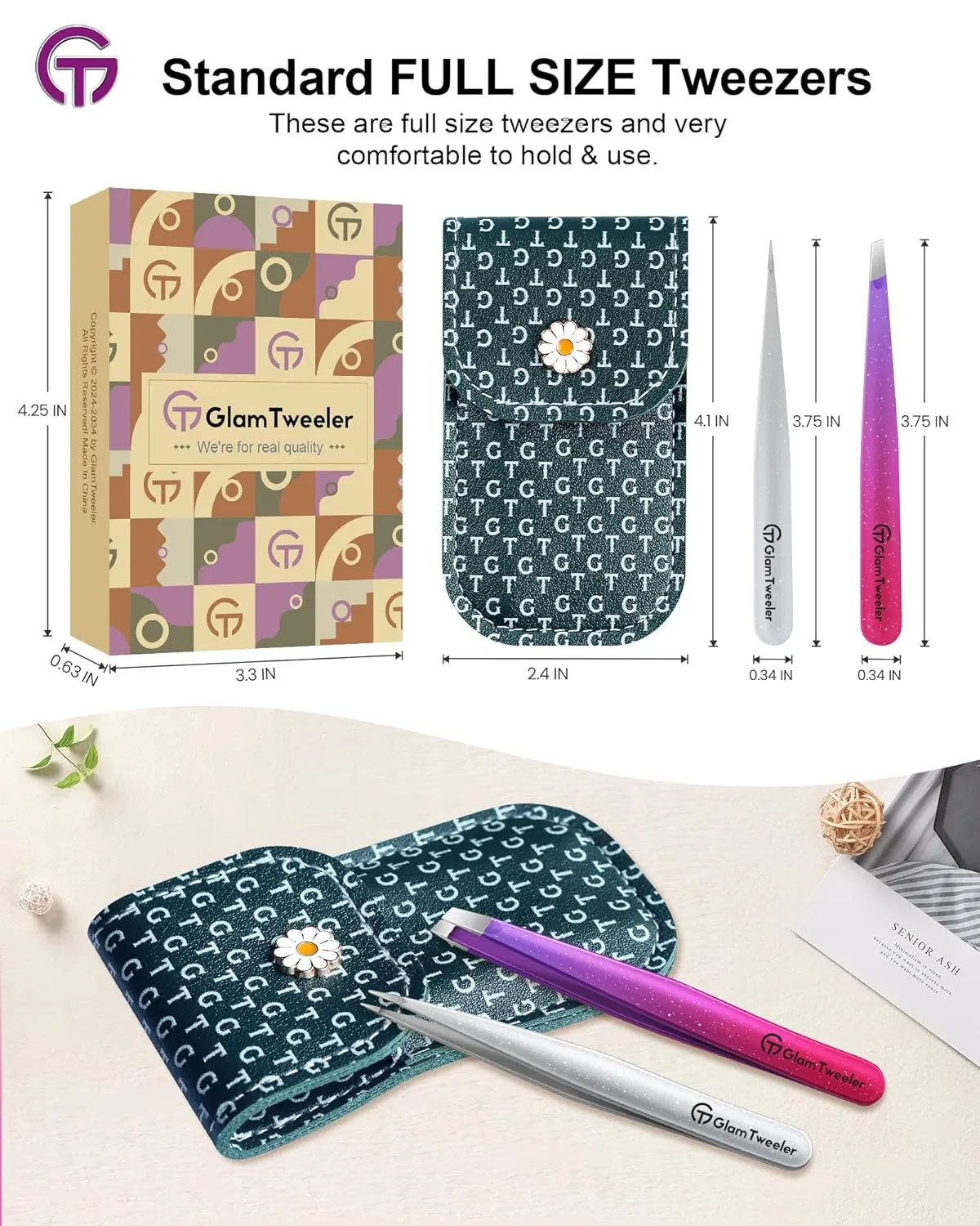 Expert Slant and Point Tip Tweezer Set with Exclusive Storage & Carrying Case, GlamTweeler Sharp & Precision Tweezer Set for Eyebrows, Facial Hairs & Fine Hairs Removal (Sparkle Deep Voilet   Silver)