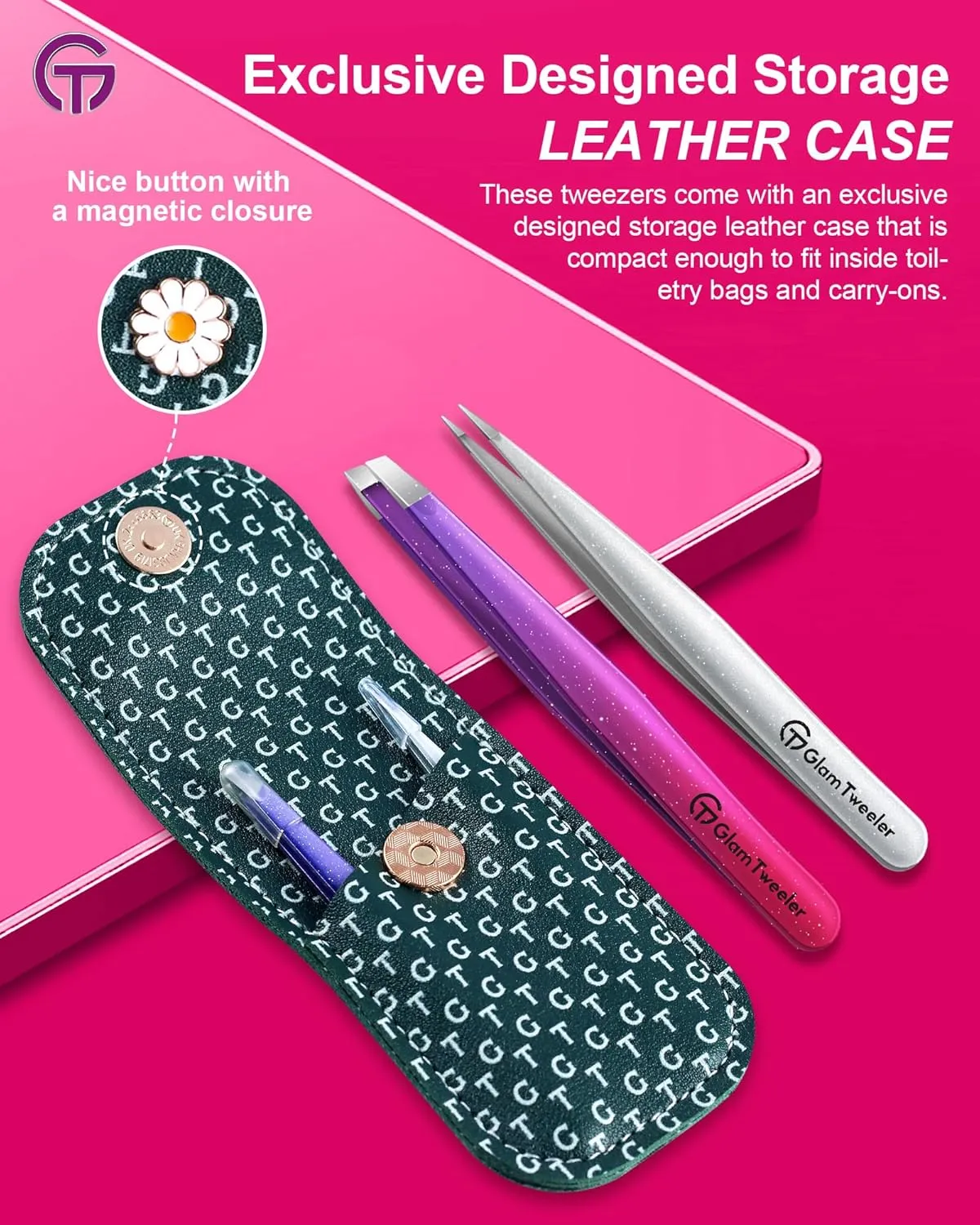 Expert Slant and Point Tip Tweezer Set with Exclusive Storage & Carrying Case, GlamTweeler Sharp & Precision Tweezer Set for Eyebrows, Facial Hairs & Fine Hairs Removal (Sparkle Deep Voilet   Silver)