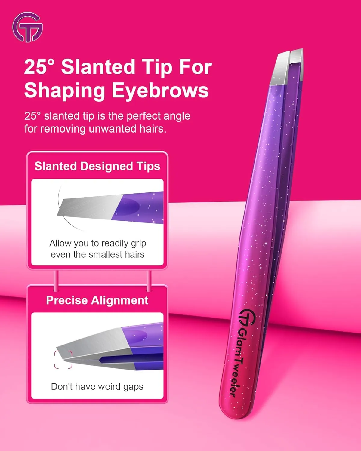 Expert Slant and Point Tip Tweezer Set with Exclusive Storage & Carrying Case, GlamTweeler Sharp & Precision Tweezer Set for Eyebrows, Facial Hairs & Fine Hairs Removal (Sparkle Deep Voilet   Silver)