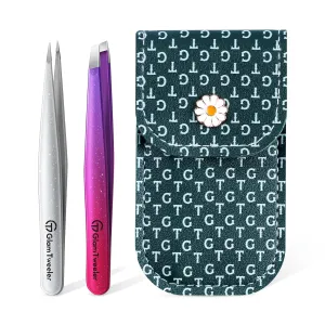 Expert Slant and Point Tip Tweezer Set with Exclusive Storage & Carrying Case, GlamTweeler Sharp & Precision Tweezer Set for Eyebrows, Facial Hairs & Fine Hairs Removal (Sparkle Deep Voilet   Silver)