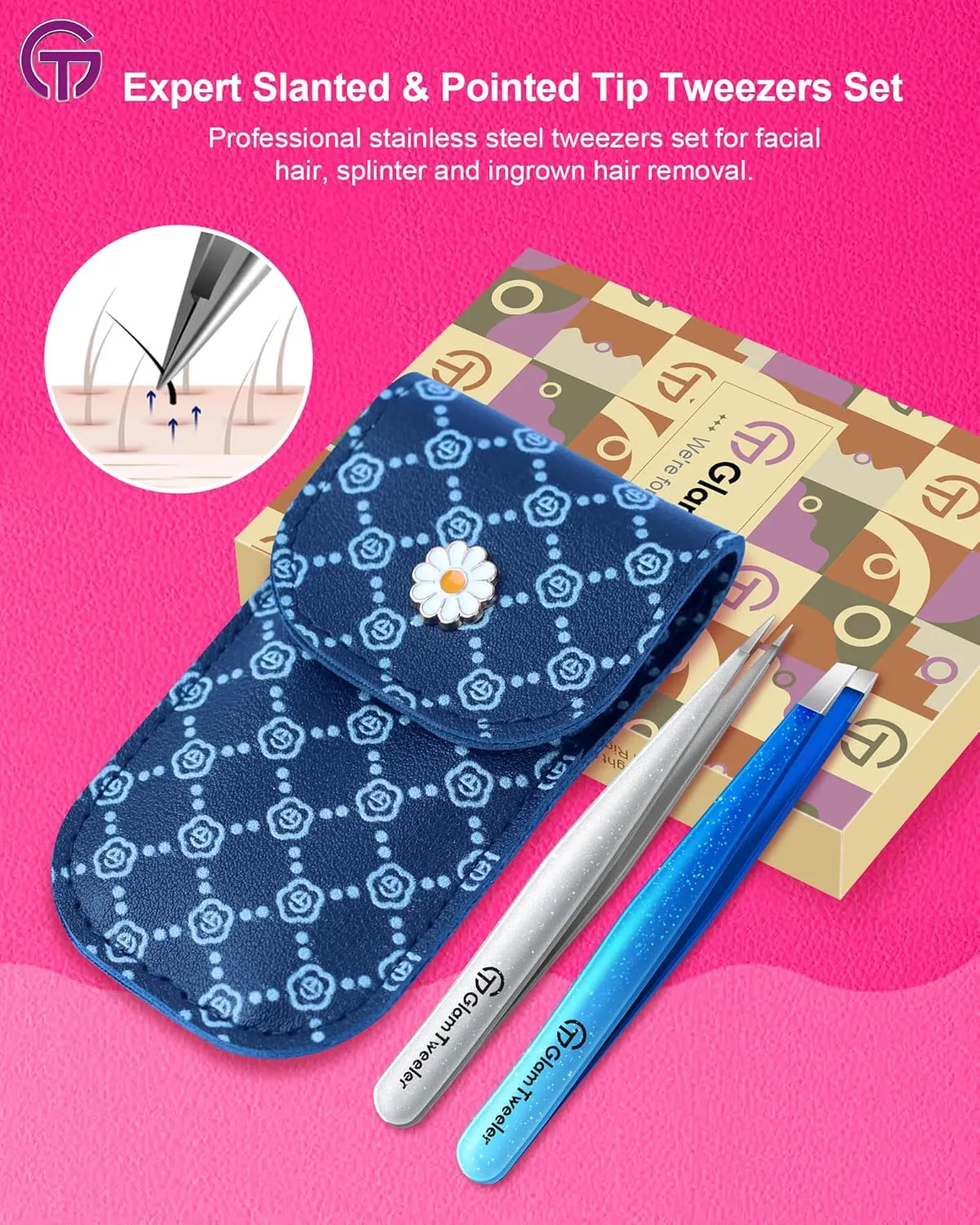 Expert Slant and Point Tip Tweezer Set with Exclusive Storage & Carrying Case, GlamTweeler Sharp & Precision Tweezer Set for Eyebrows, Facial Hairs & Fine Hairs Removal (Sparkle Royal Blue   Silver)