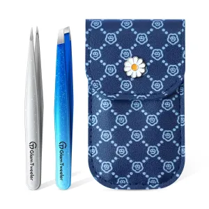 Expert Slant and Point Tip Tweezer Set with Exclusive Storage & Carrying Case, GlamTweeler Sharp & Precision Tweezer Set for Eyebrows, Facial Hairs & Fine Hairs Removal (Sparkle Royal Blue   Silver)