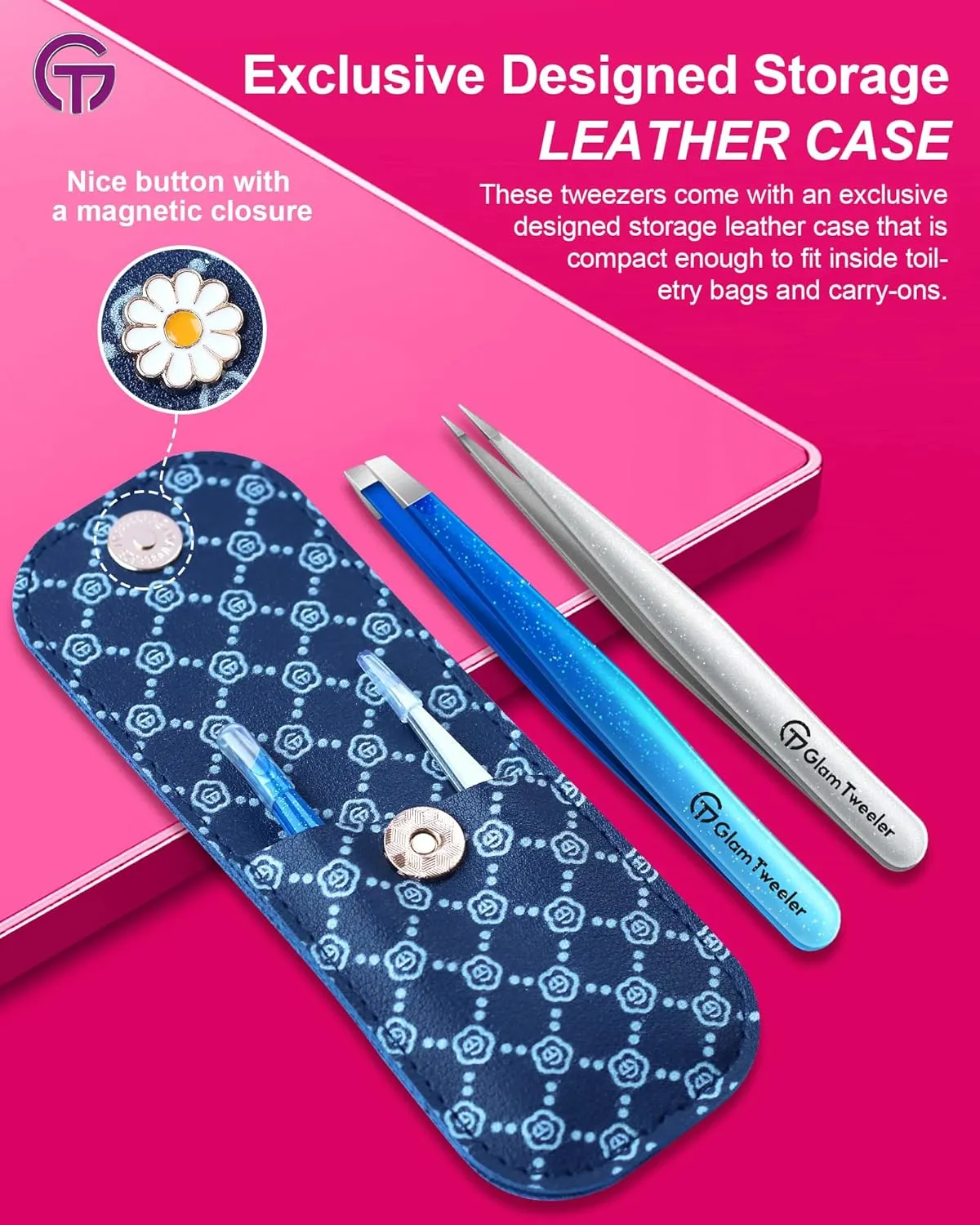 Expert Slant and Point Tip Tweezer Set with Exclusive Storage & Carrying Case, GlamTweeler Sharp & Precision Tweezer Set for Eyebrows, Facial Hairs & Fine Hairs Removal (Sparkle Royal Blue   Silver)