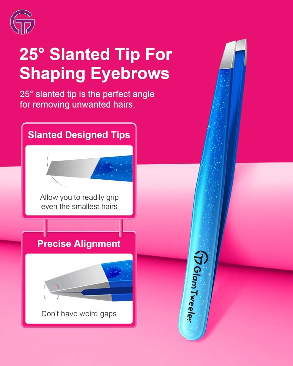 Expert Slant and Point Tip Tweezer Set with Exclusive Storage & Carrying Case, GlamTweeler Sharp & Precision Tweezer Set for Eyebrows, Facial Hairs & Fine Hairs Removal (Sparkle Royal Blue   Silver)