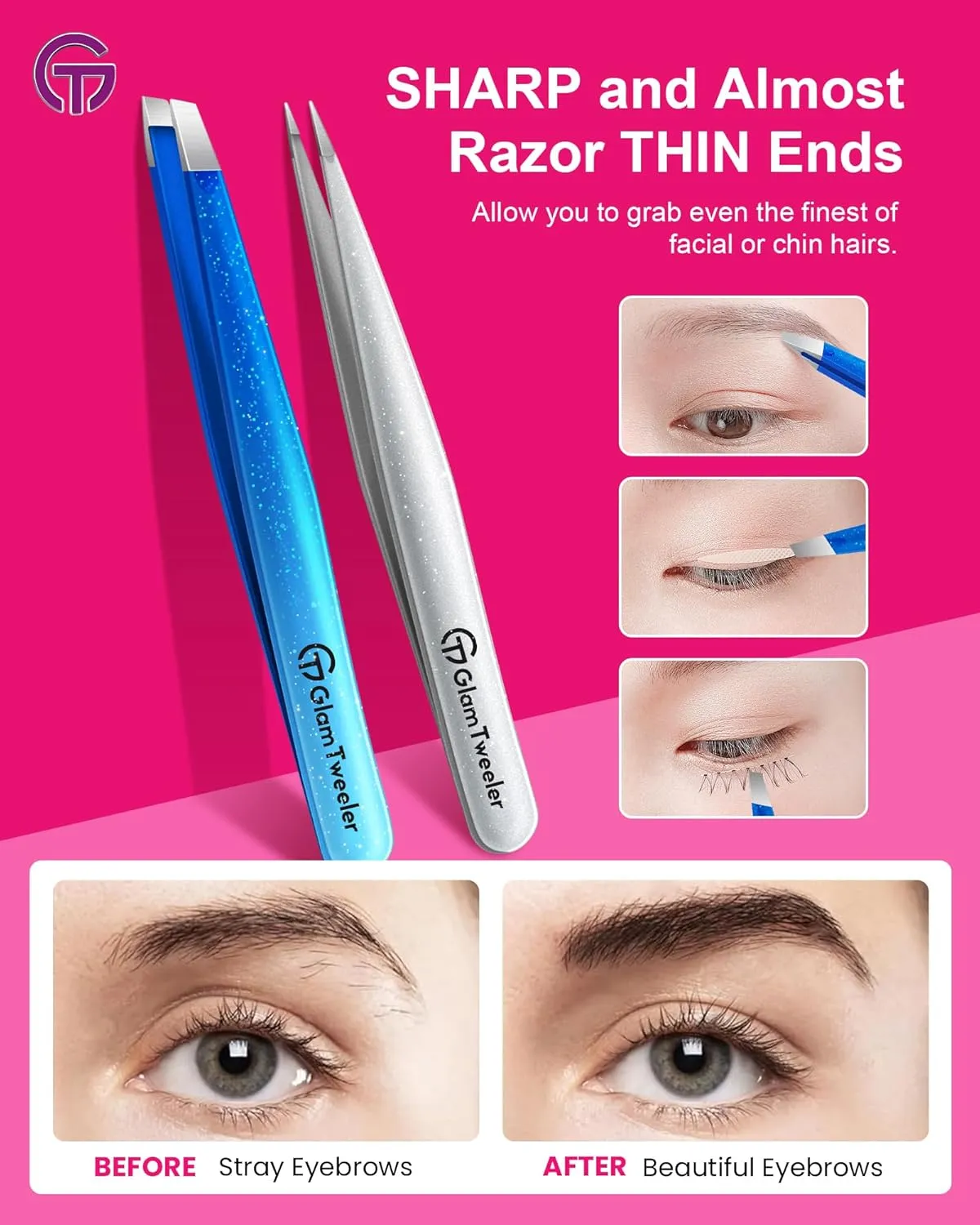 Expert Slant and Point Tip Tweezer Set with Exclusive Storage & Carrying Case, GlamTweeler Sharp & Precision Tweezer Set for Eyebrows, Facial Hairs & Fine Hairs Removal (Sparkle Royal Blue   Silver)