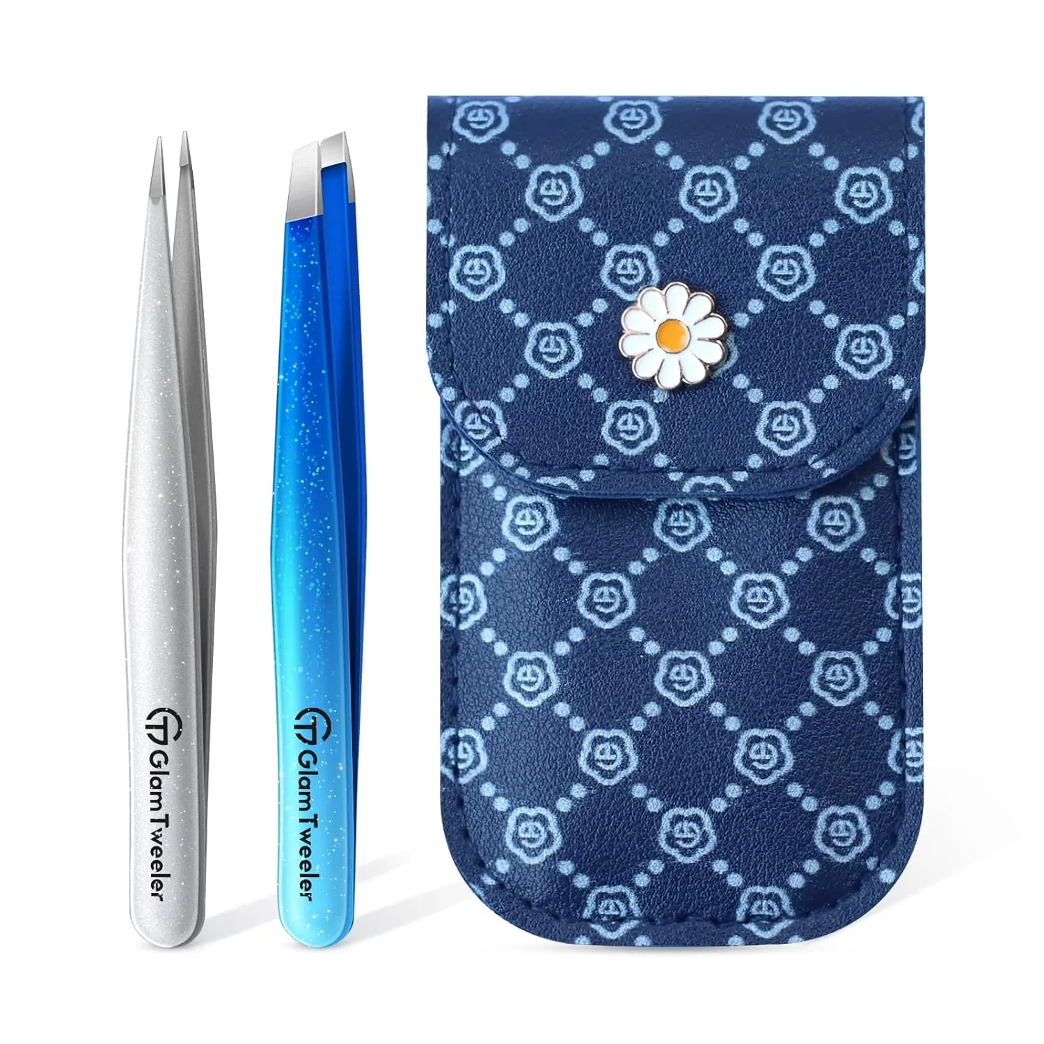 Expert Slant and Point Tip Tweezer Set with Exclusive Storage & Carrying Case, GlamTweeler Sharp & Precision Tweezer Set for Eyebrows, Facial Hairs & Fine Hairs Removal (Sparkle Royal Blue   Silver)