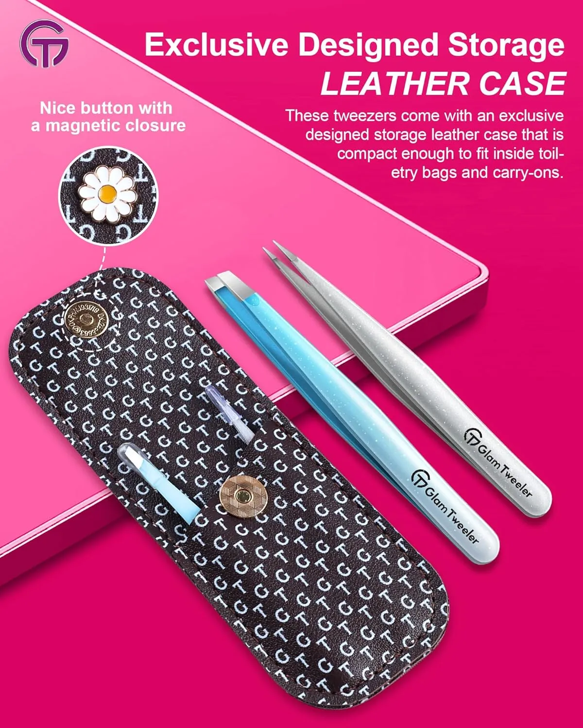 Expert Slant and Point Tip Tweezer Set with Exclusive Storage & Carrying Case, GlamTweeler Sharp & Precision Tweezer Set for Eyebrows, Facial Hairs and Fine Hairs Removal (Sparkle Blue   Silver)
