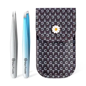 Expert Slant and Point Tip Tweezer Set with Exclusive Storage & Carrying Case, GlamTweeler Sharp & Precision Tweezer Set for Eyebrows, Facial Hairs and Fine Hairs Removal (Sparkle Blue   Silver)