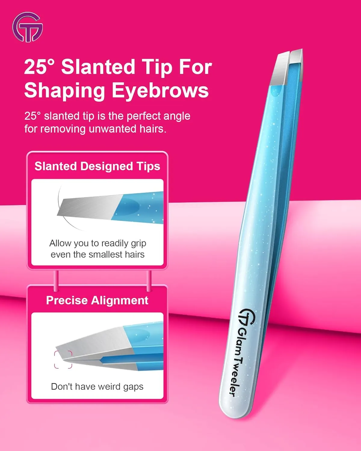 Expert Slant and Point Tip Tweezer Set with Exclusive Storage & Carrying Case, GlamTweeler Sharp & Precision Tweezer Set for Eyebrows, Facial Hairs and Fine Hairs Removal (Sparkle Blue   Silver)