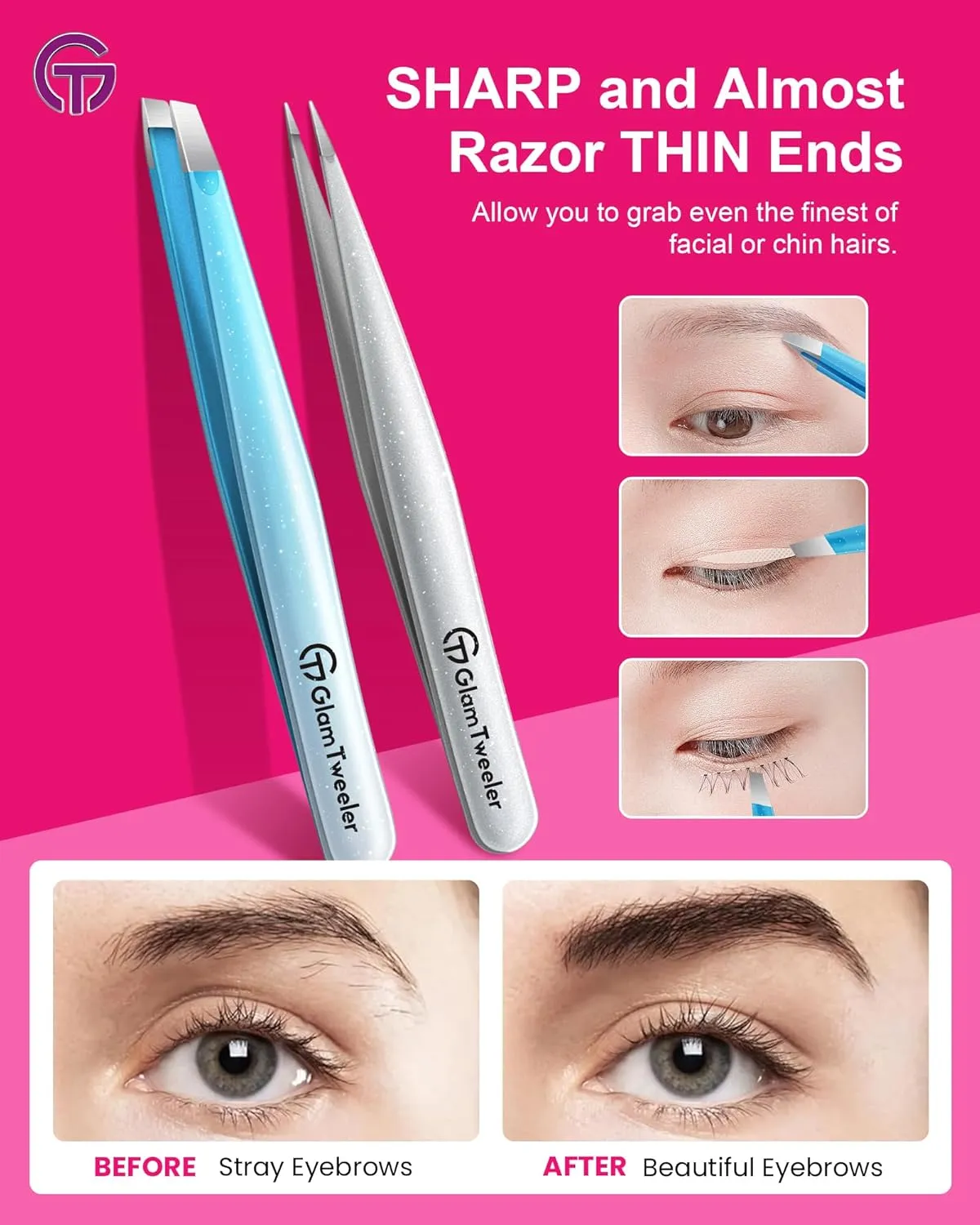 Expert Slant and Point Tip Tweezer Set with Exclusive Storage & Carrying Case, GlamTweeler Sharp & Precision Tweezer Set for Eyebrows, Facial Hairs and Fine Hairs Removal (Sparkle Blue   Silver)