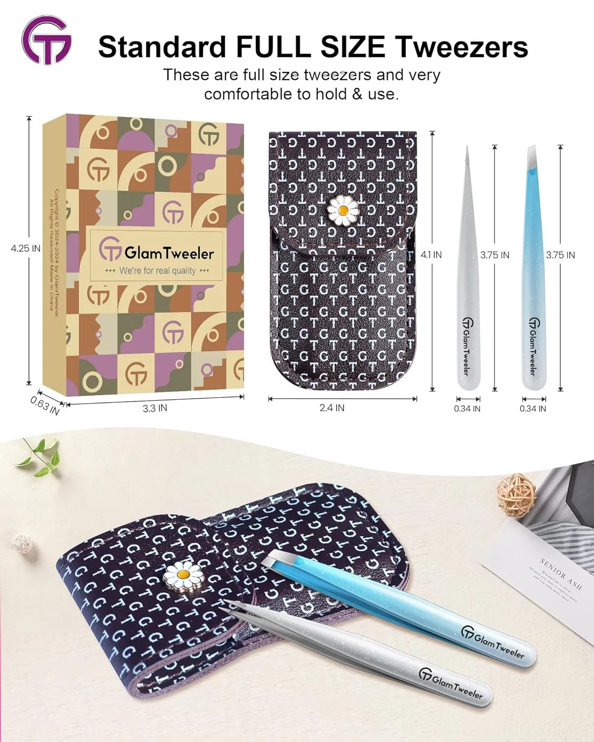Expert Slant and Point Tip Tweezer Set with Exclusive Storage & Carrying Case, GlamTweeler Sharp & Precision Tweezer Set for Eyebrows, Facial Hairs and Fine Hairs Removal (Sparkle Blue   Silver)