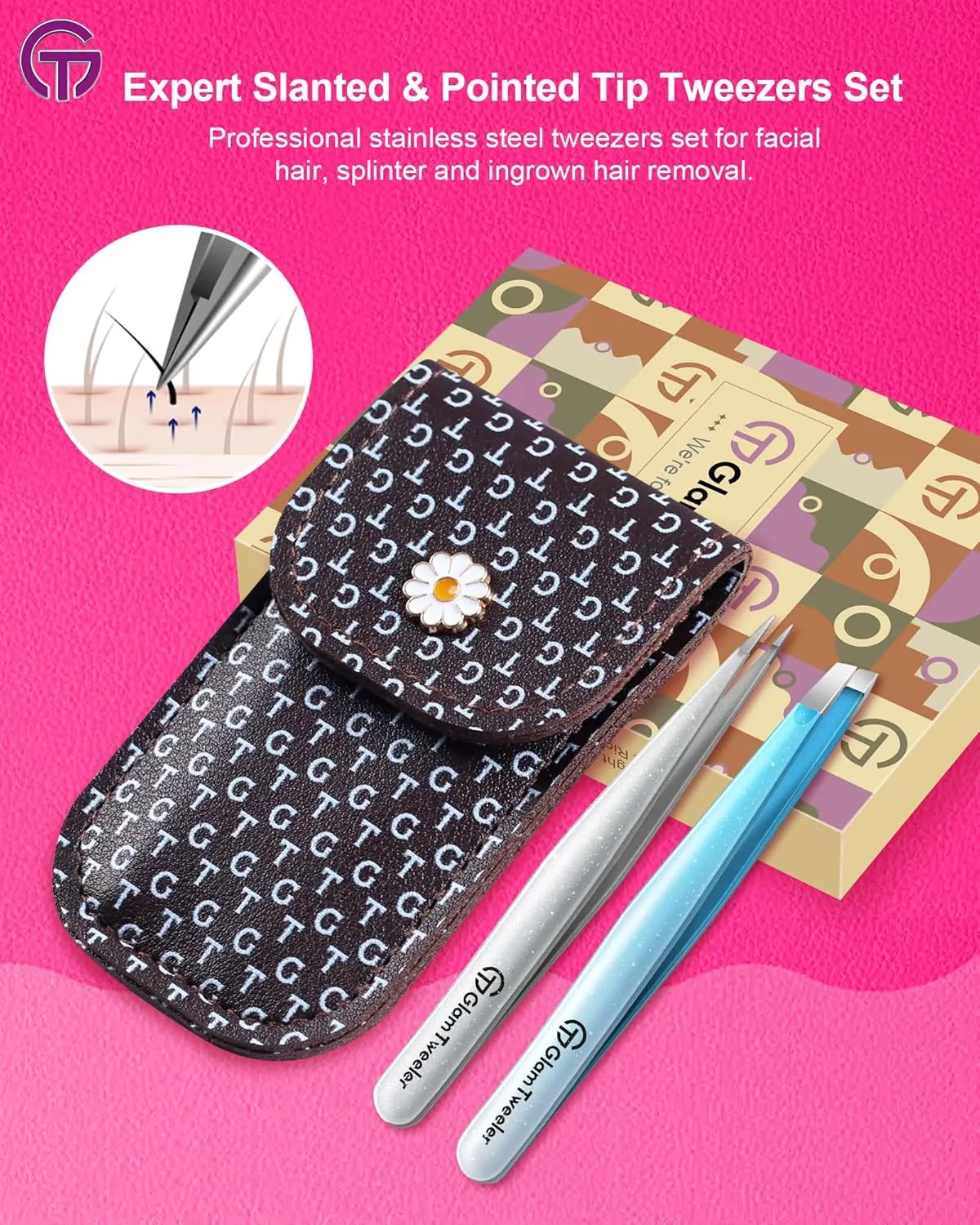Expert Slant and Point Tip Tweezer Set with Exclusive Storage & Carrying Case, GlamTweeler Sharp & Precision Tweezer Set for Eyebrows, Facial Hairs and Fine Hairs Removal (Sparkle Blue   Silver)