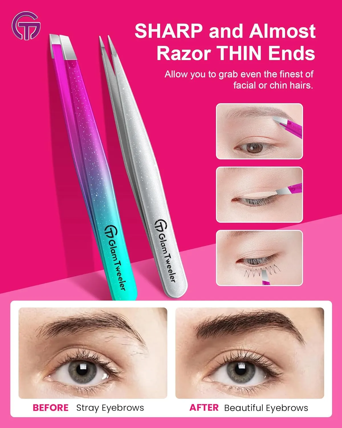 Expert Slant and Point Tip Tweezer Set with Exclusive Travel Case, GlamTweeler Sharp & Precision Tweezer Set for Eyebrows, Facial Hairs & Fine Hairs Removal (Sparkle Purple & Turquoise   Silver)