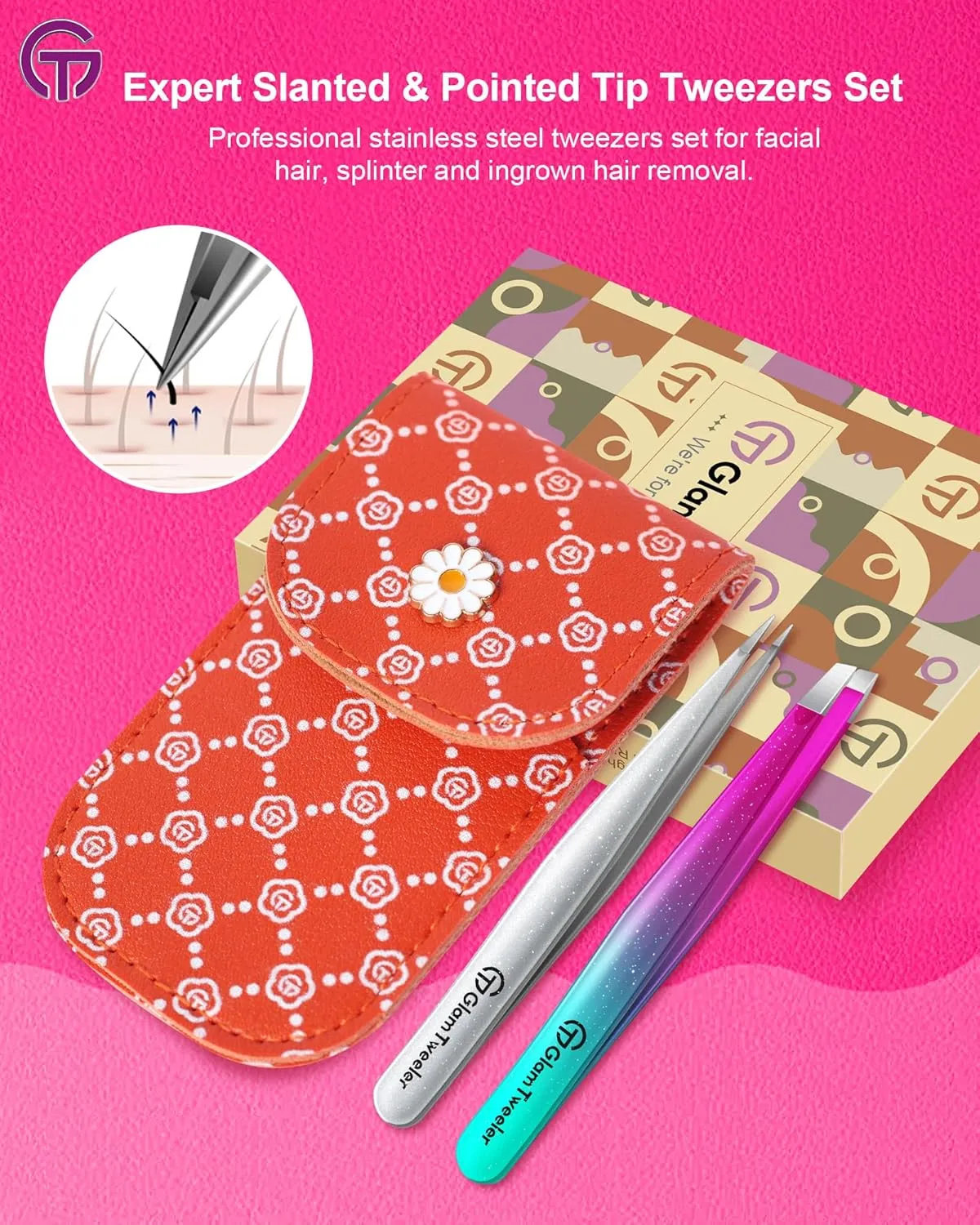 Expert Slant and Point Tip Tweezer Set with Exclusive Travel Case, GlamTweeler Sharp & Precision Tweezer Set for Eyebrows, Facial Hairs & Fine Hairs Removal (Sparkle Purple & Turquoise   Silver)