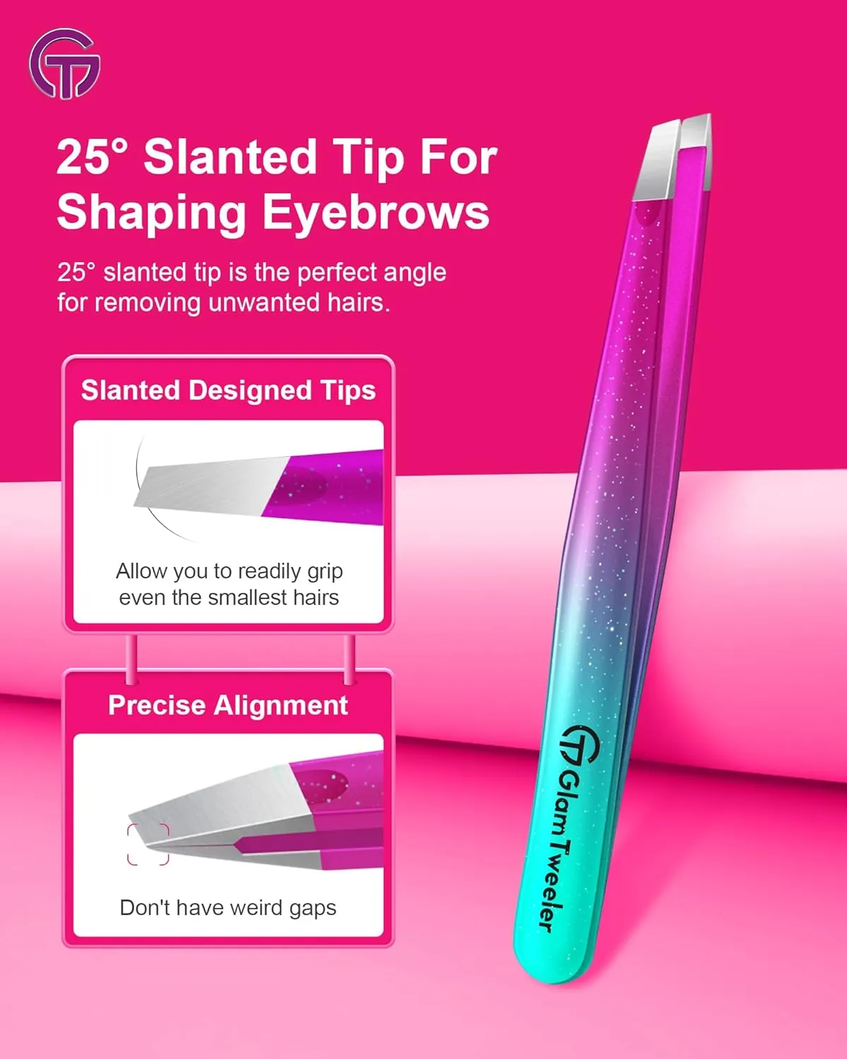 Expert Slant and Point Tip Tweezer Set with Exclusive Travel Case, GlamTweeler Sharp & Precision Tweezer Set for Eyebrows, Facial Hairs & Fine Hairs Removal (Sparkle Purple & Turquoise   Silver)