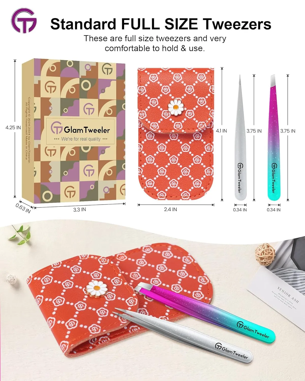 Expert Slant and Point Tip Tweezer Set with Exclusive Travel Case, GlamTweeler Sharp & Precision Tweezer Set for Eyebrows, Facial Hairs & Fine Hairs Removal (Sparkle Purple & Turquoise   Silver)