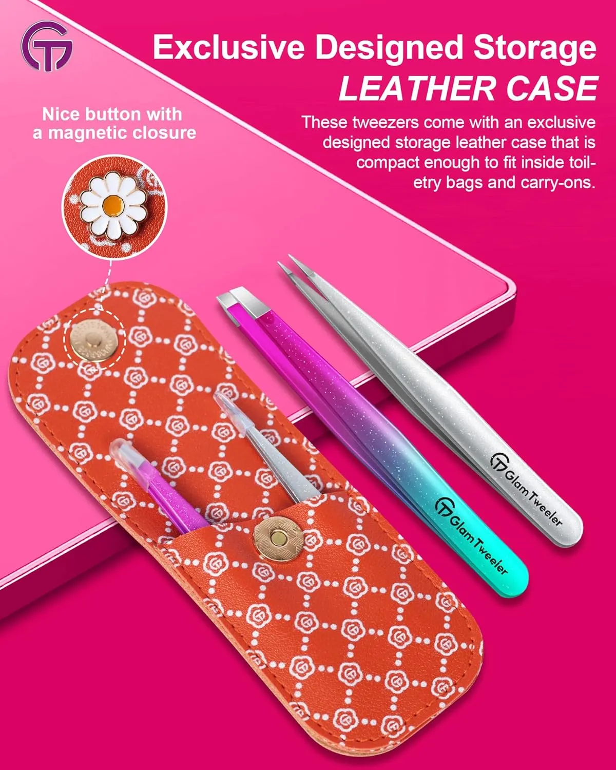 Expert Slant and Point Tip Tweezer Set with Exclusive Travel Case, GlamTweeler Sharp & Precision Tweezer Set for Eyebrows, Facial Hairs & Fine Hairs Removal (Sparkle Purple & Turquoise   Silver)