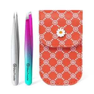 Expert Slant and Point Tip Tweezer Set with Exclusive Travel Case, GlamTweeler Sharp & Precision Tweezer Set for Eyebrows, Facial Hairs & Fine Hairs Removal (Sparkle Purple & Turquoise   Silver)