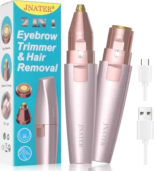 Eyebrow Facial Hair Remover - 2 in 1 Rechargeable Eyebrow Trimmer and Facial Hair Removal for Women, Painless Electric Hair Removal Device with LED Light for Face Eyebrows Peach Fuzz Lip Body