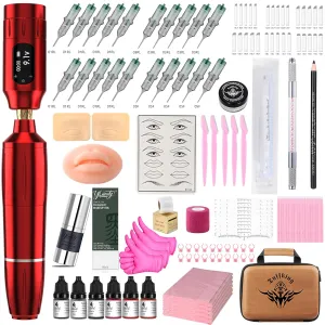 Eyebrow Microblading Tattoo Gun Kit - Professional Tattoo Pen & Brow Pencil Set for Microblading Supply, Semi-Permanent Makeup Tattoo Machine with 50Pcs Needles for Artists Starter (Red, TP39)