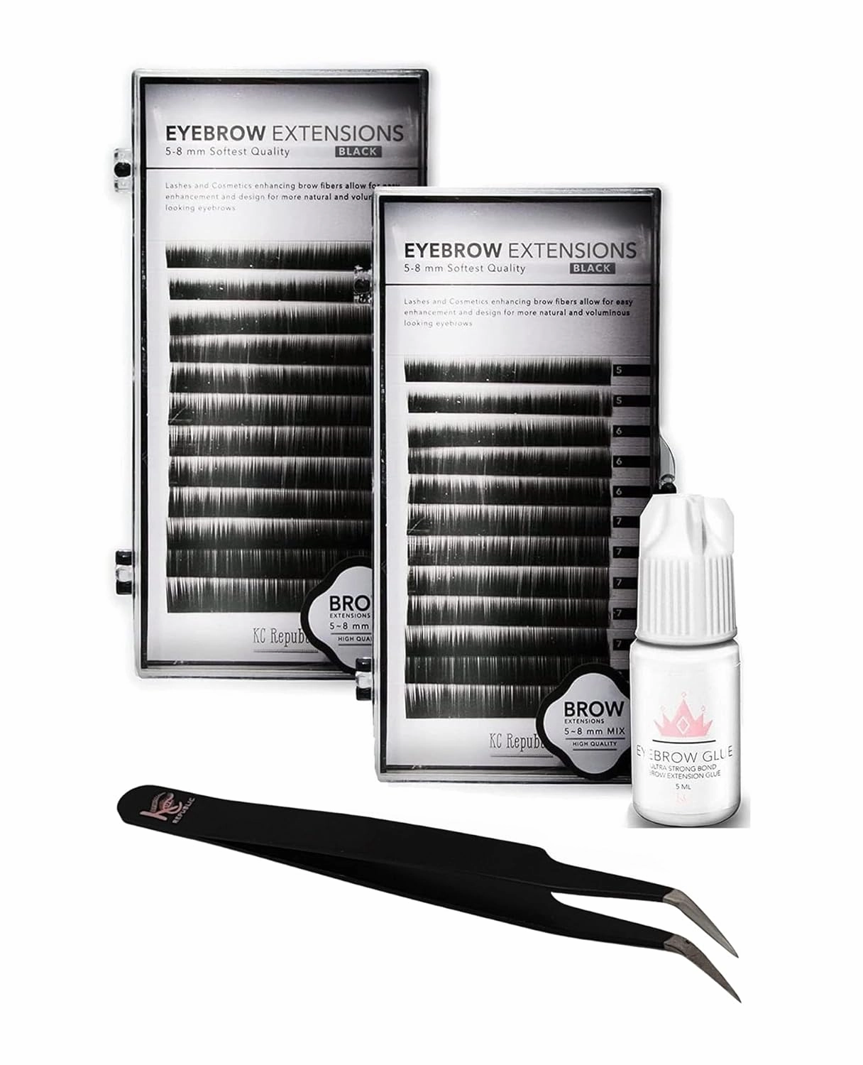 Eyebrow Extensions Kit with 2 Trays of Mink False Eyebrows in Black, Eyebrow Extension Glue Clear & Extension Tweezers, Comes on Mixed Length Trays 5-8 mm Mix (Black 2-Pack Tray, Tweezer)