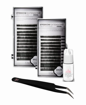 Eyebrow Extensions Kit with 2 Trays of Mink False Eyebrows in Black, Eyebrow Extension Glue Clear & Extension Tweezers, Comes on Mixed Length Trays 5-8 mm Mix (Black 2-Pack Tray, Tweezer)
