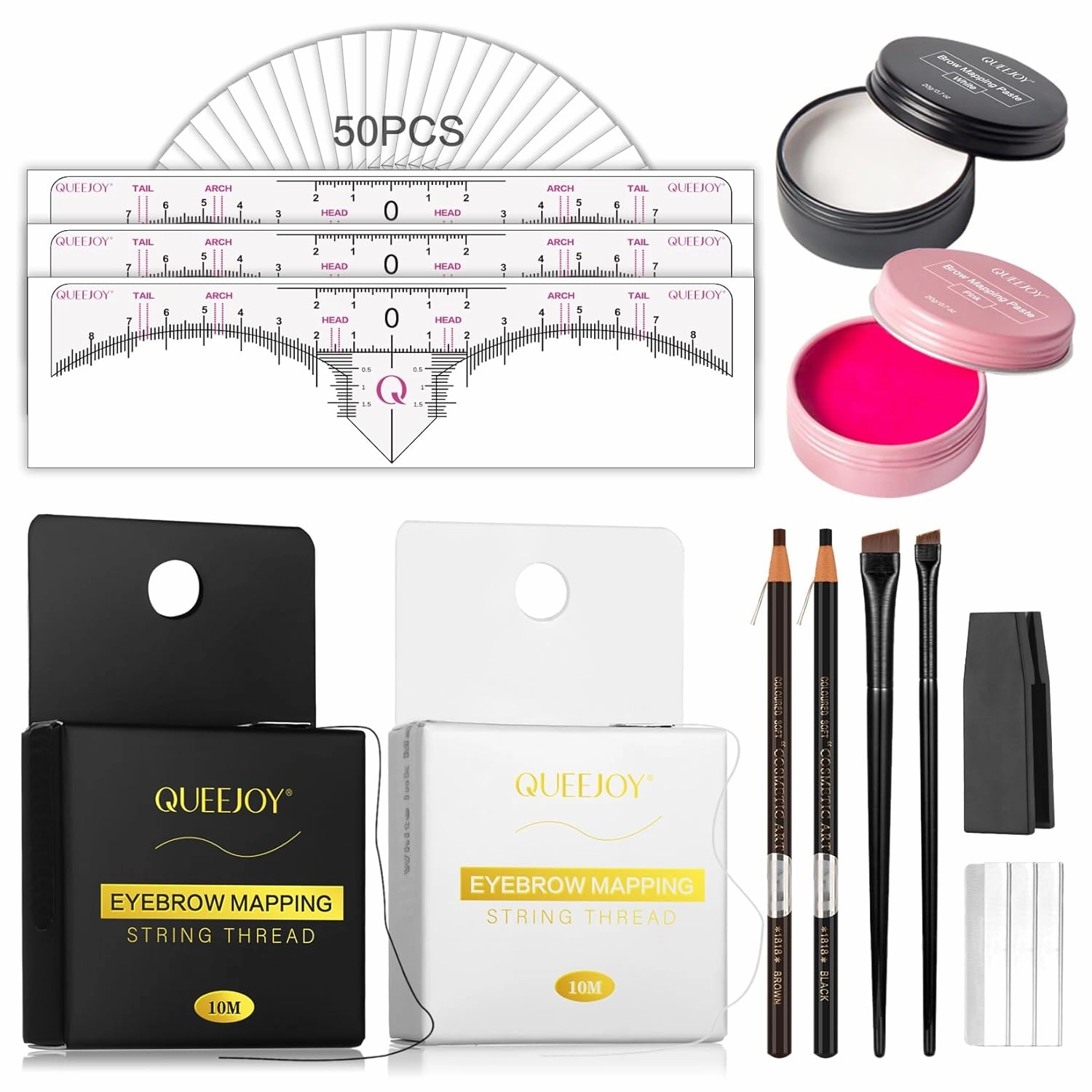 Eyebrow Mapping Kit with 10M X2 Colors Brow Mapping String,50pcs Ruler Stencils, 20g White and Pink Brow Paste, 2 Brow Brushes Set, Eyebrow Mapping Pencil,Sharpener, Razor and Instructions