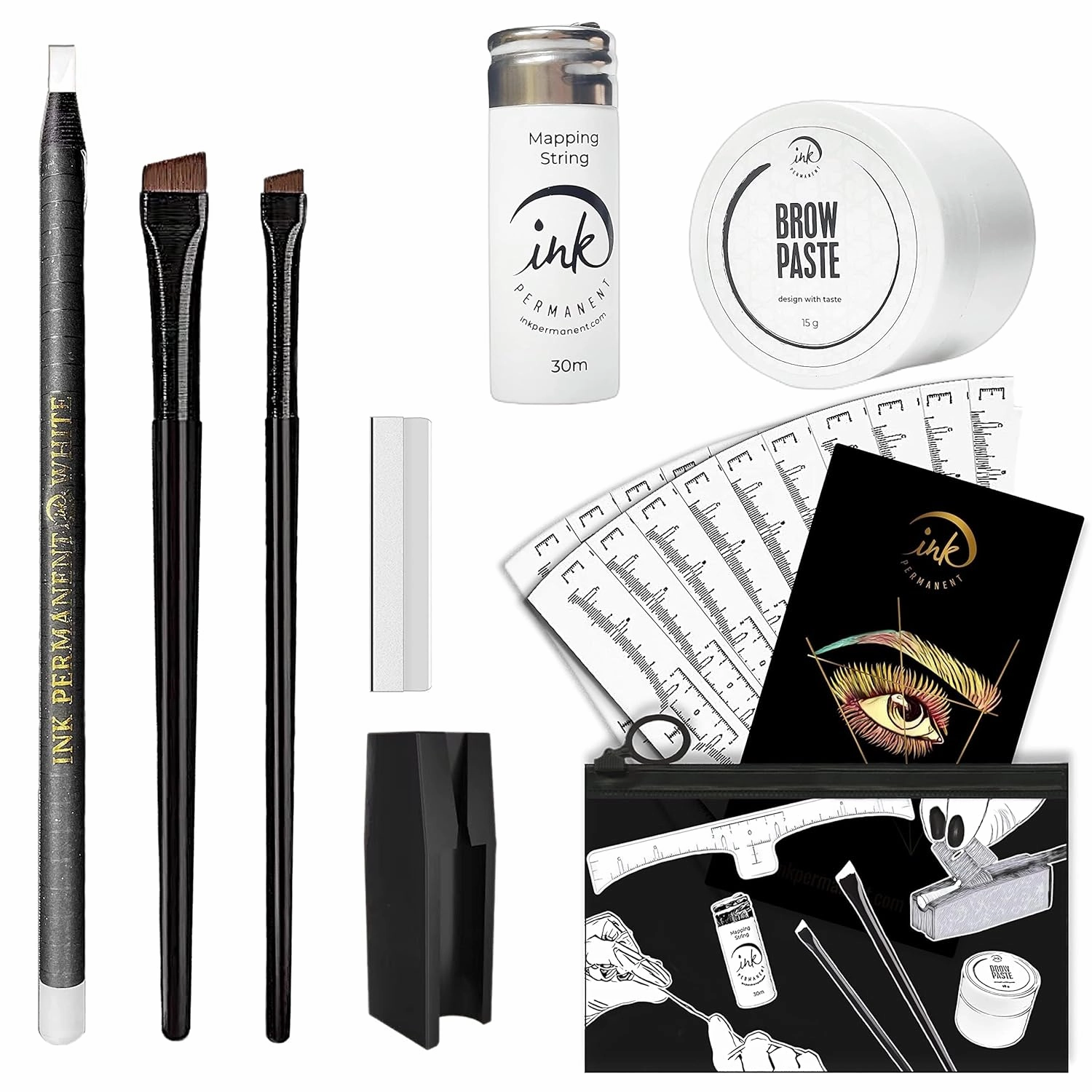 Eyebrow Mapping Kit with 30m White Mapping String, 15g White Brow Paste, 2 Eyebrow Brush Set, Microblading Pencil for Outlining, Pencil Shaper and Blades, 20 Brow Ruler Stencils   Instructions