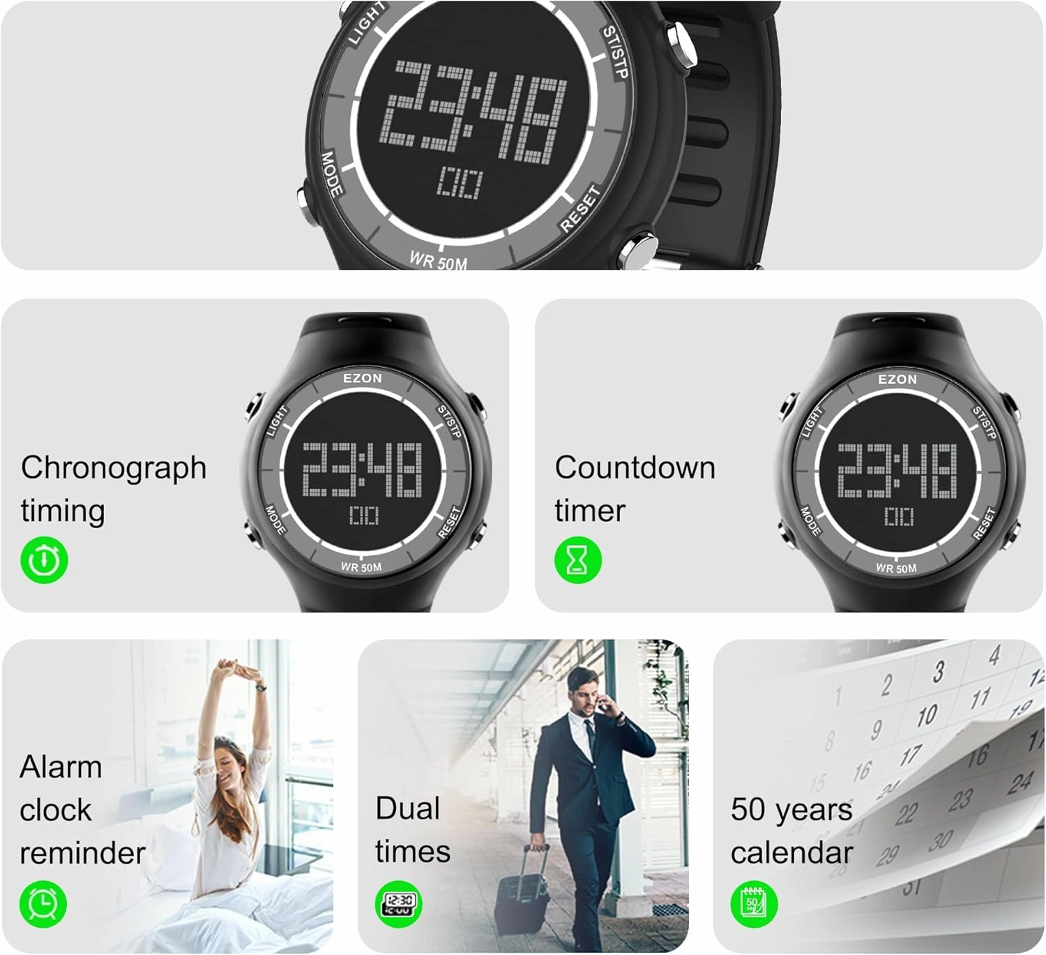 EZON Digital Watch 5ATM Waterproof Stopwatch with Countdown Timer/Chronograph/Lap Timing/EL Backlight/Alarm,Non Bluetooth,Digital Sports Watch for Men & Women